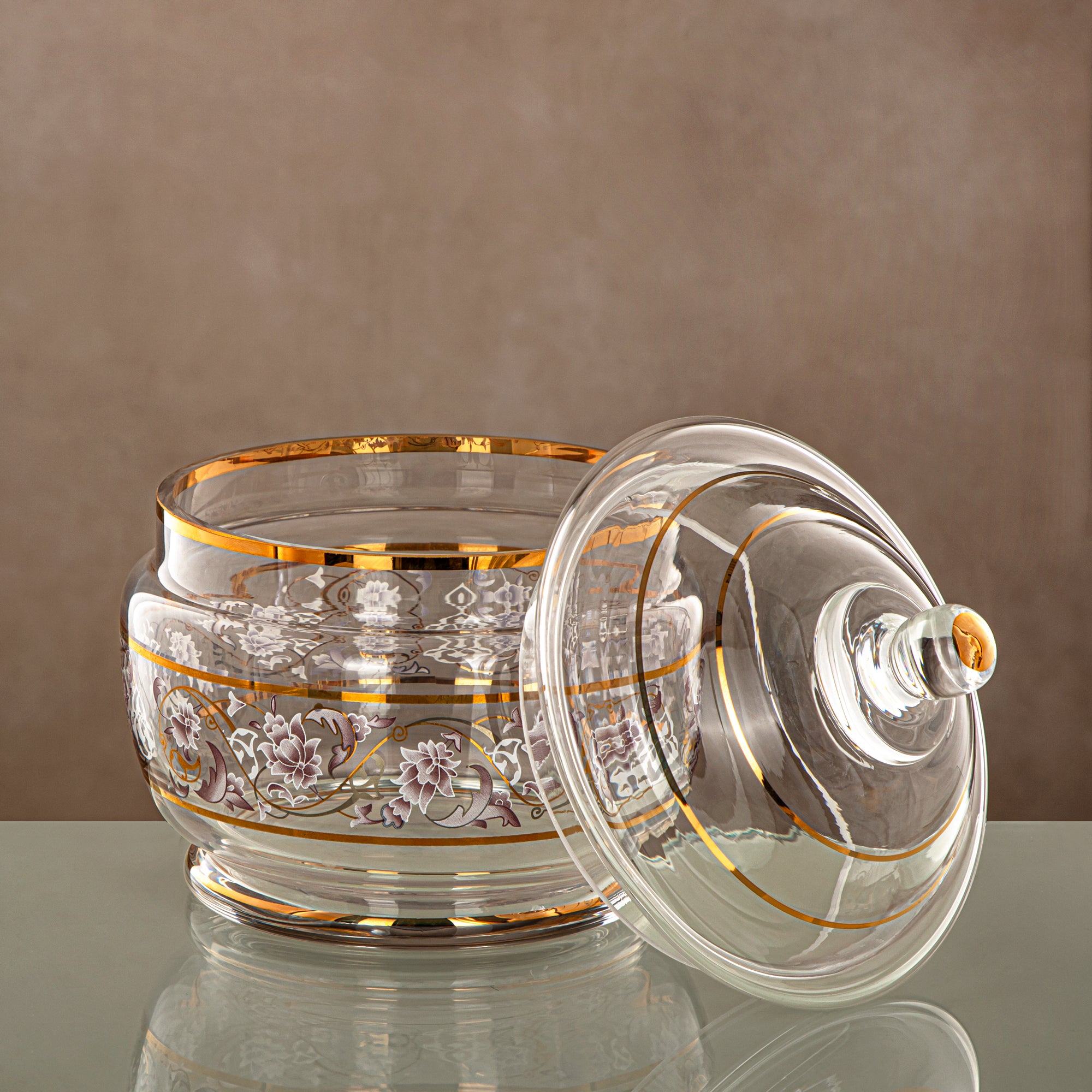 Almarjan Candy Bowl 1500ML, Glass, Clear & Golden Pattern (0138T-ZQDL) - Family Gatherings
