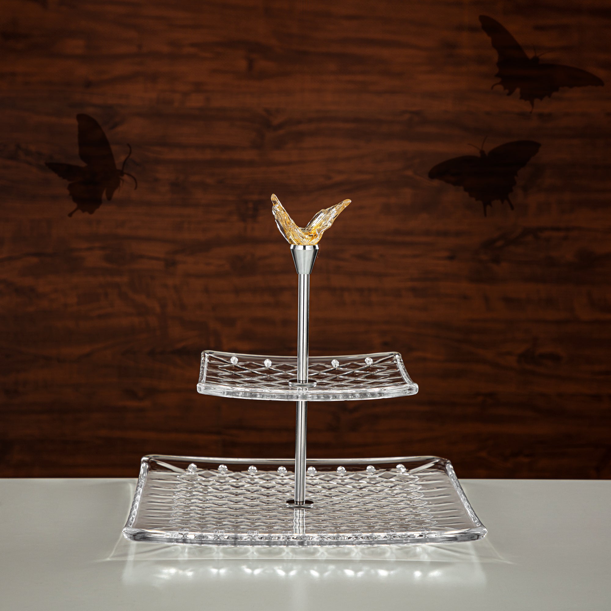Almarjan Square Sweet Stand Glass Two Tiers Clear & Amber (40816-278/S2-BA) Elegant Hosting Pieces