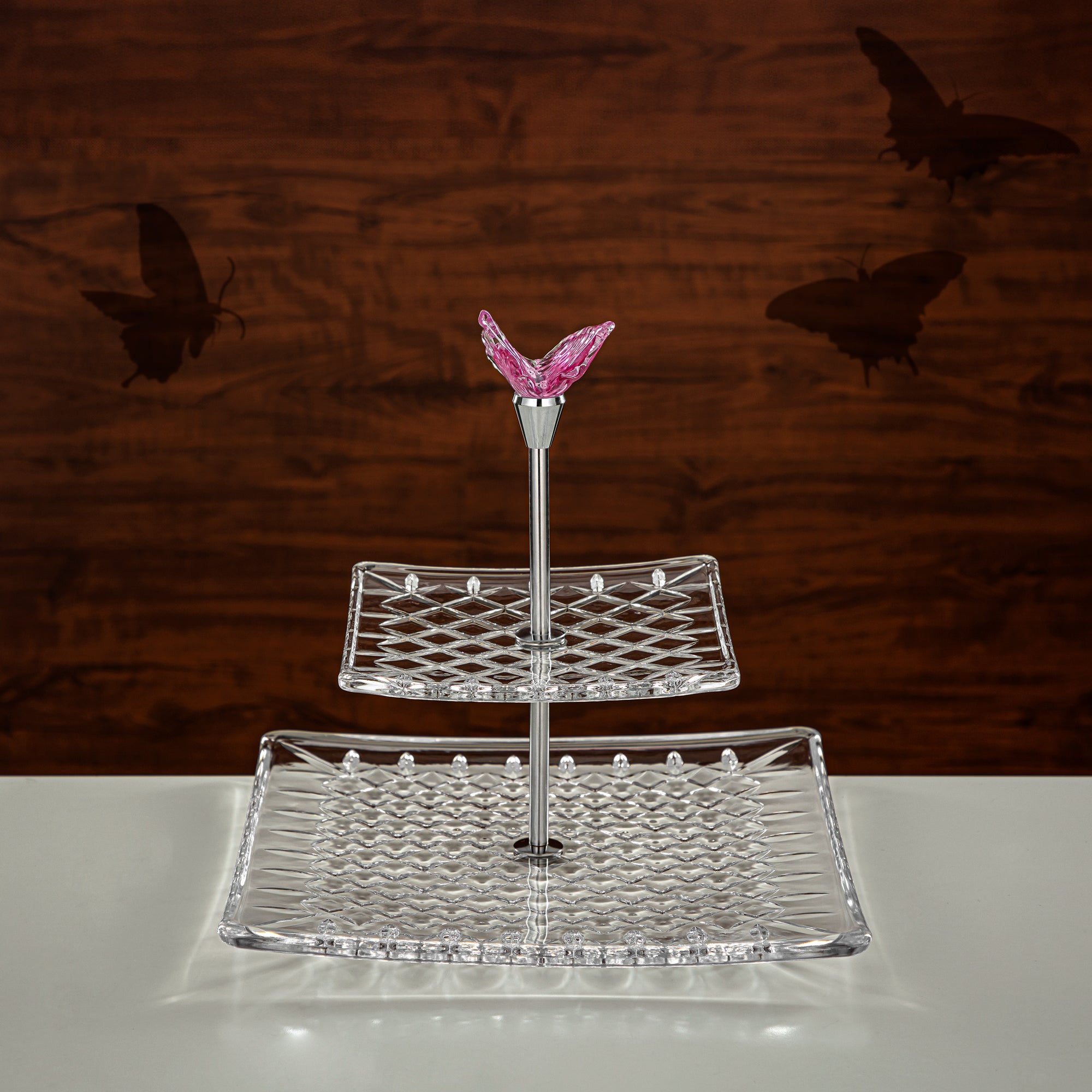 Almarjan Square Sweet Stand Glass Two Tiers Clear & Pink (40816-278/S2-BG) Elegant Hosting Pieces