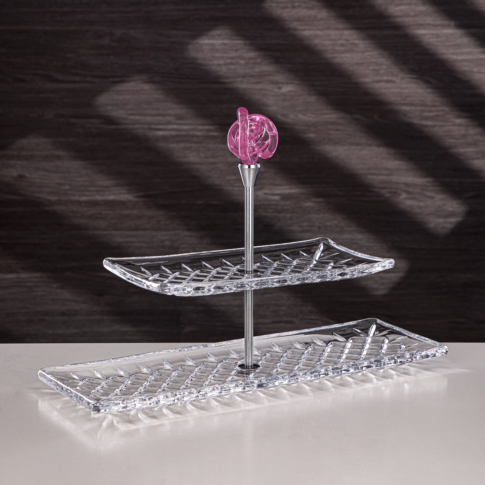 Almarjan Serveware Glass 2-Tier Rectangle Clear with Pink Knot