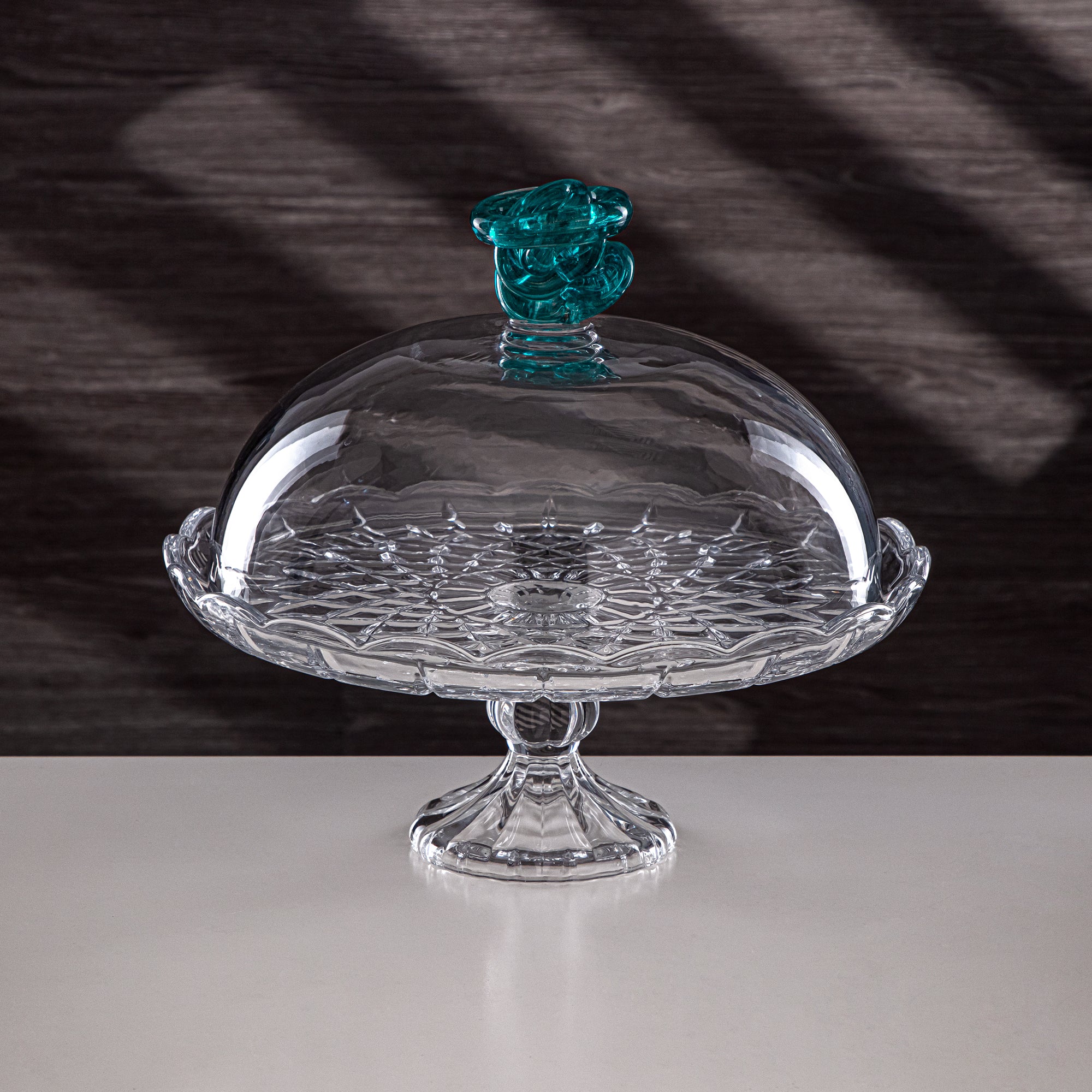 Almarjan Cake Stand Glass Round Clear with Turquoise Knot