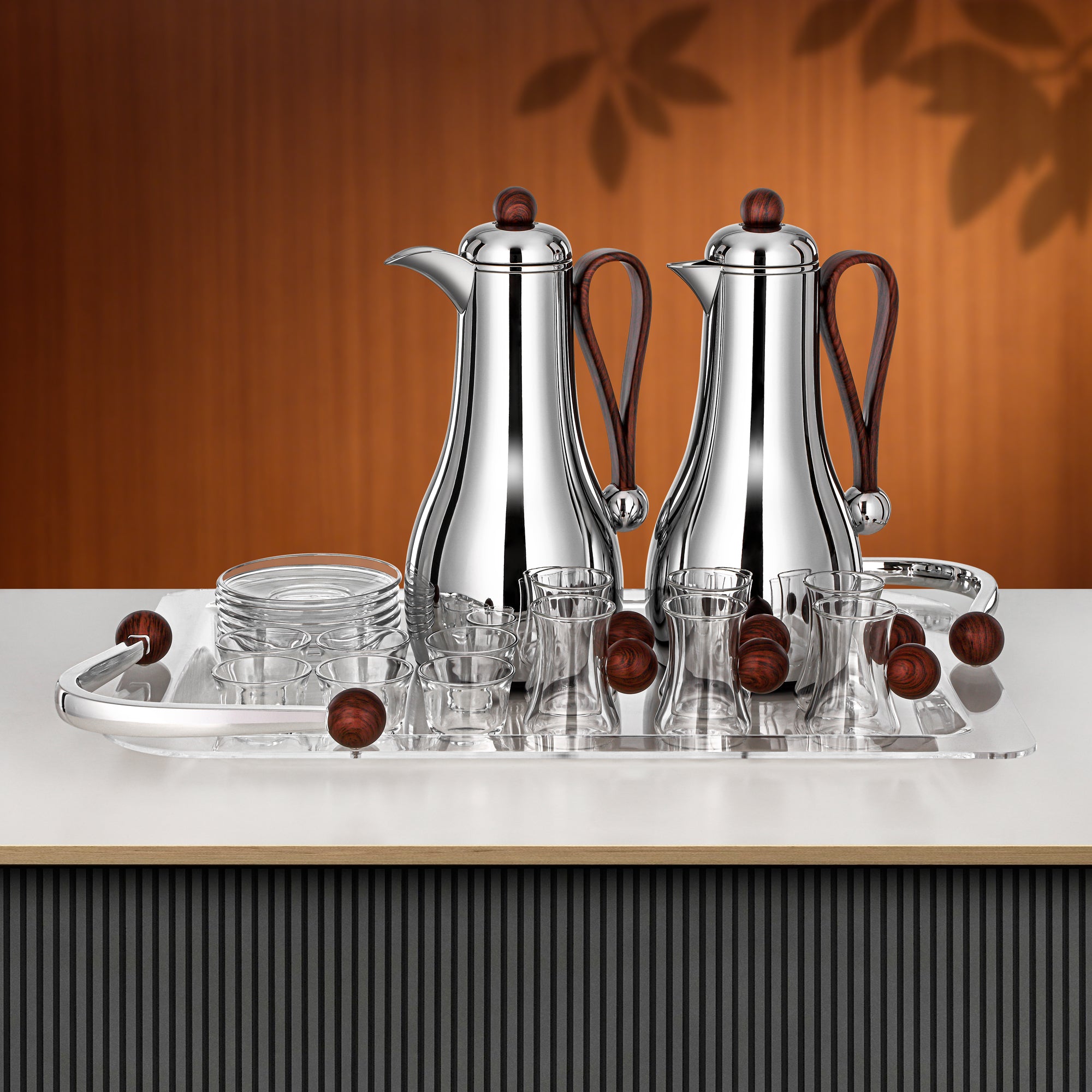 Almarjan Tea & Coffee Set 21 Pieces Silver & Dark Wood