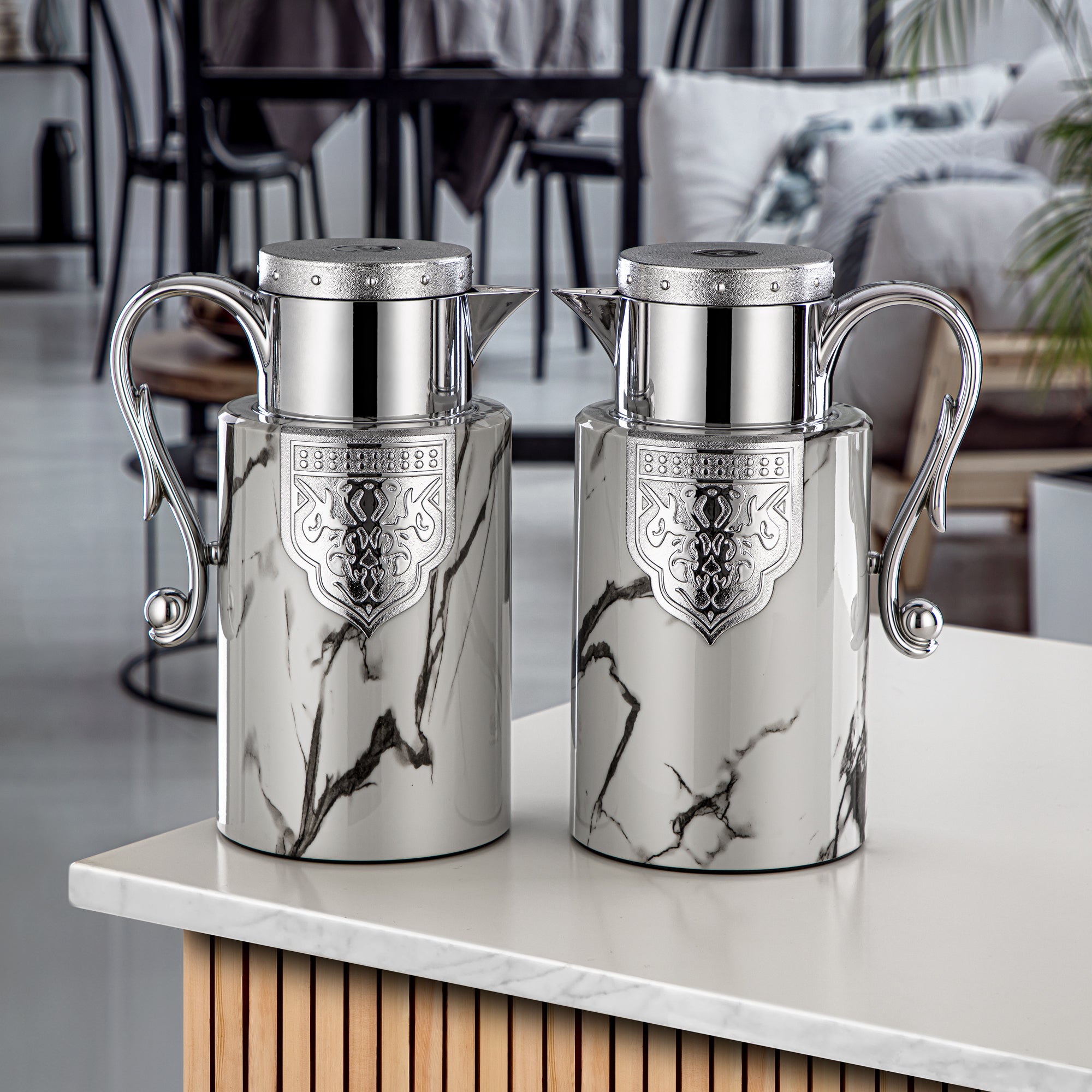 Almarjan 2 Pieces Vacuum Flask Set Marble & Silver - FG207 AB-100 GRMR/C