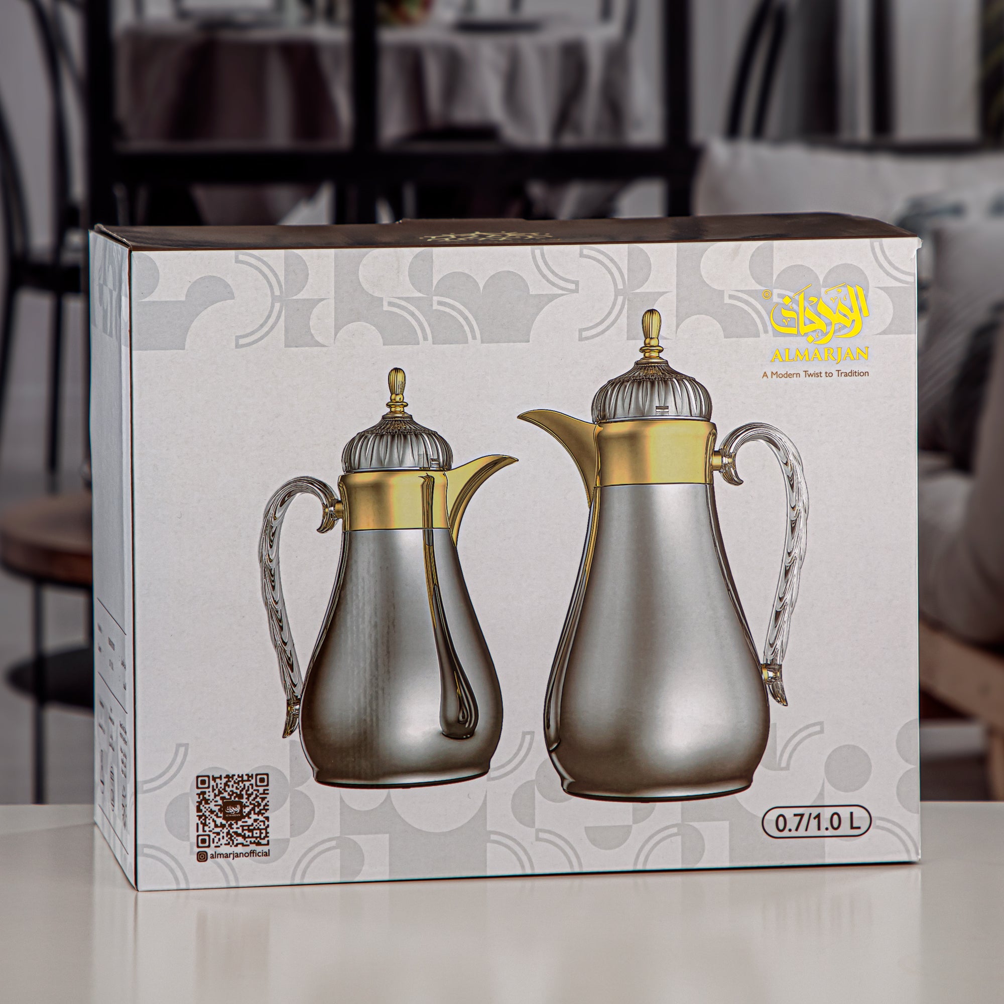 Almarjan Vacuum Flask Set, Push Button, 0.7L + 1L, Silver & Transparent (FG810-070/100 C/TR) - Elegant Vacuum Flask Sets