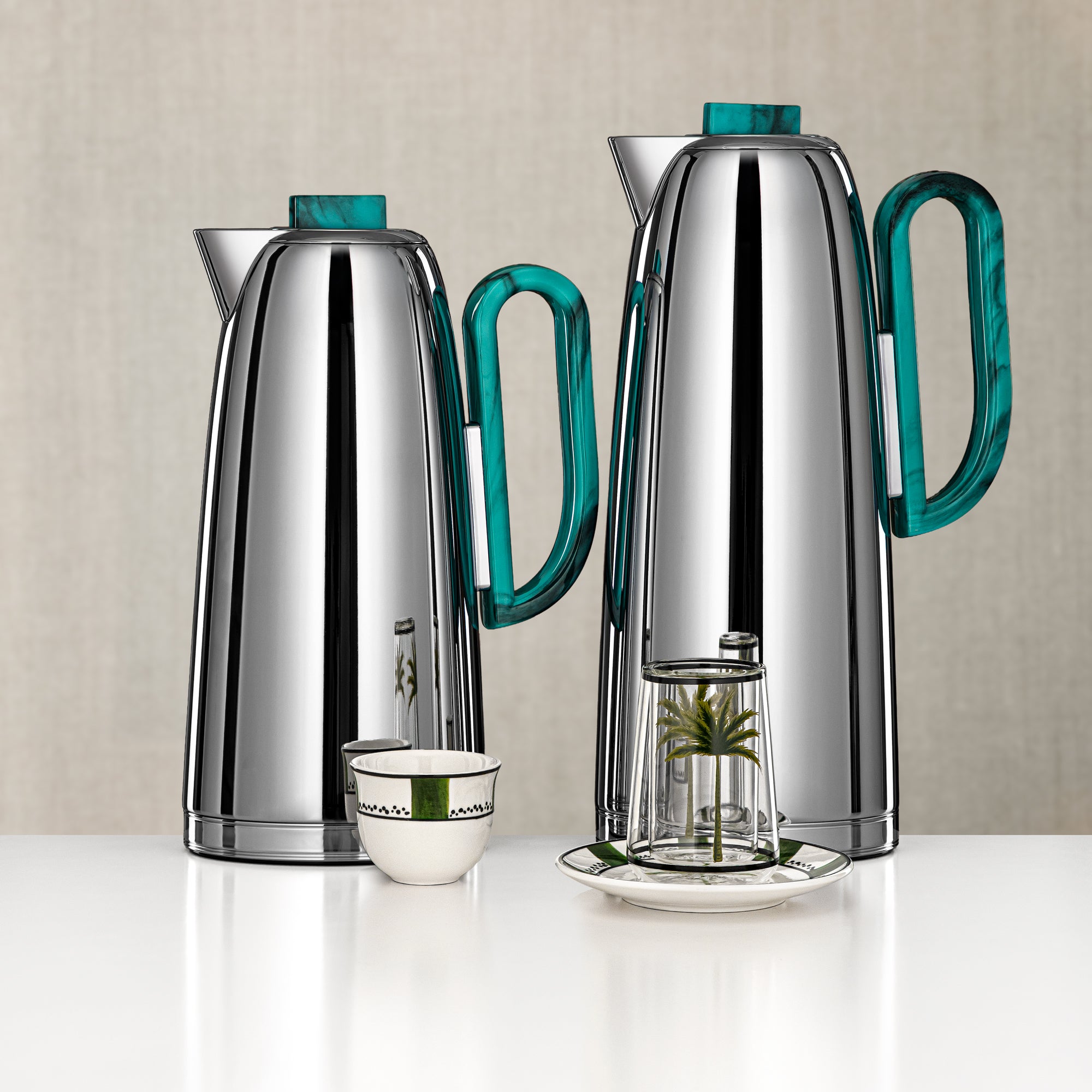 Almarjan Vacuum Flask & Tea Set 20 Pieces Silver with Turquoise Accents