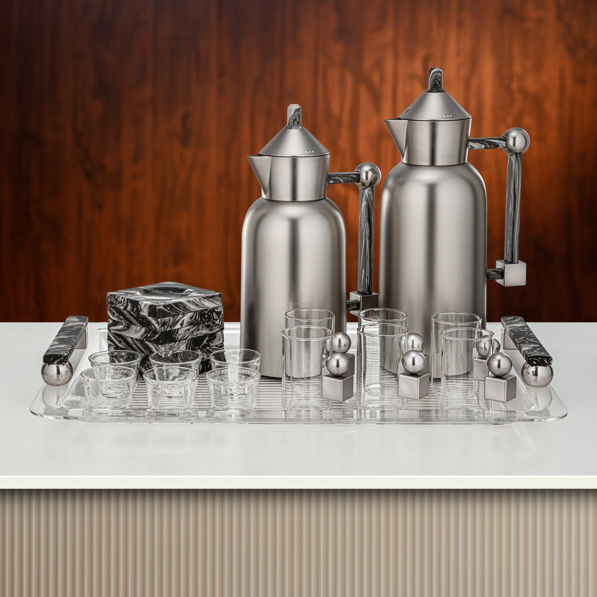Almarjan Tea & Coffee Set 21 Pieces Matt Nickel with Marble