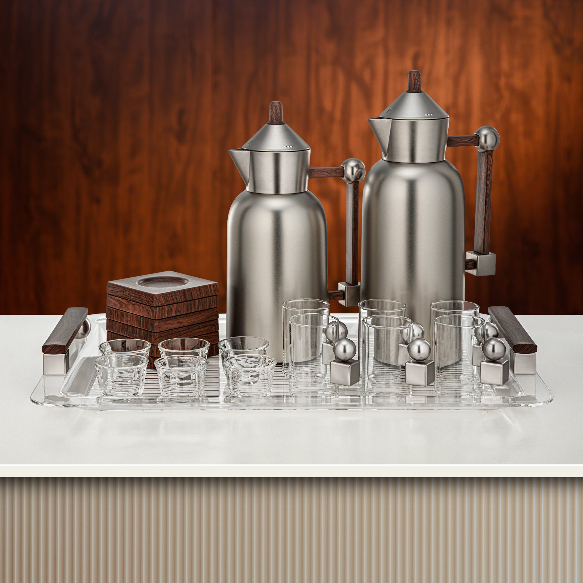 Almarjan Tea & Coffee Set 21 Pieces Matt Nickel with Dark Wood