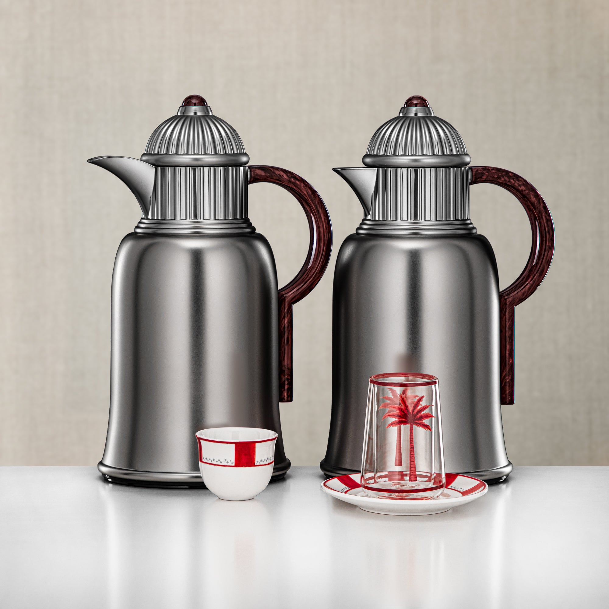 Almarjan Vacuum Flask & Tea Set 20 Pieces Matt Nickel with Wooden Accents