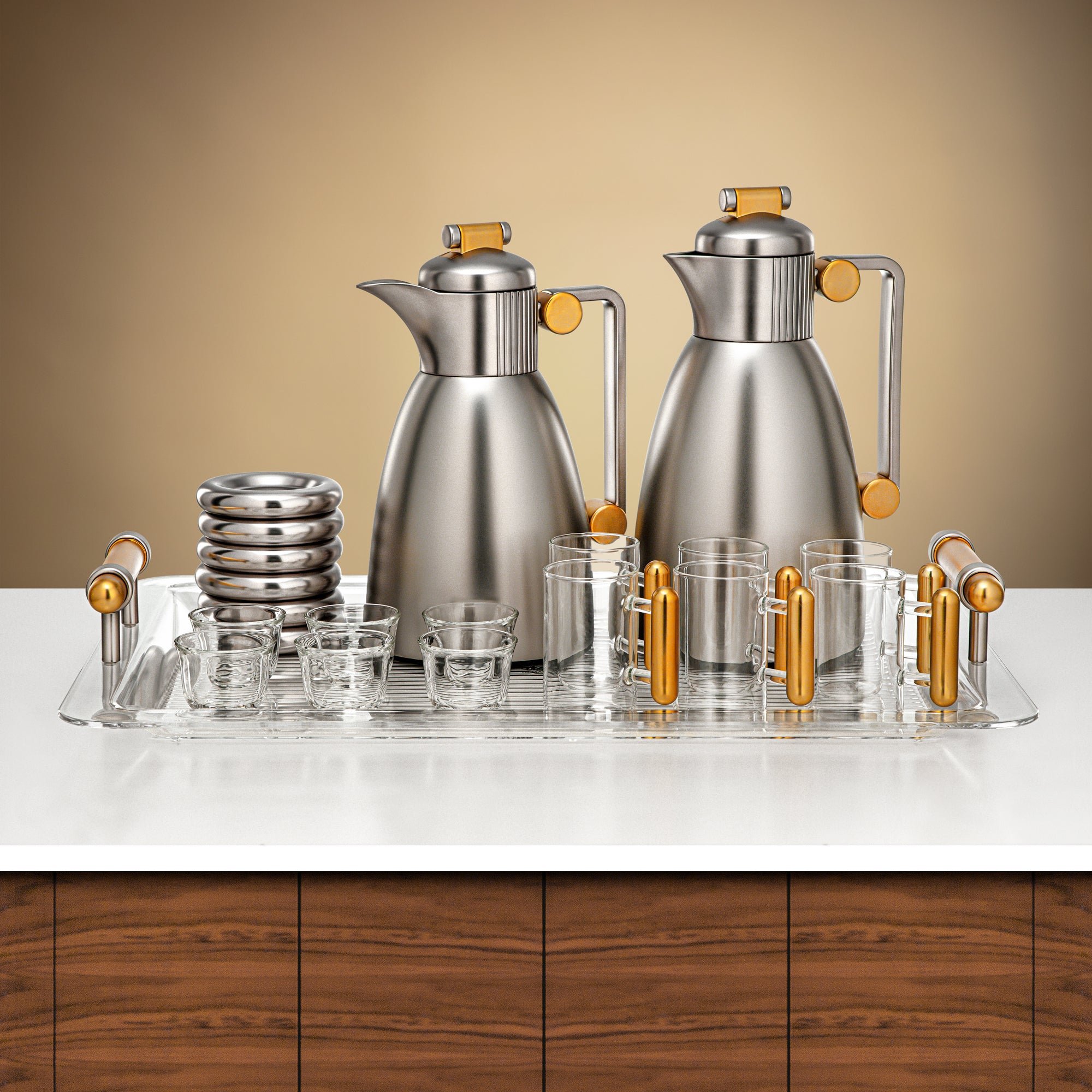 Almarjan Vacuum Flask Set 21 Pieces Matt Nickel & Matt Gold