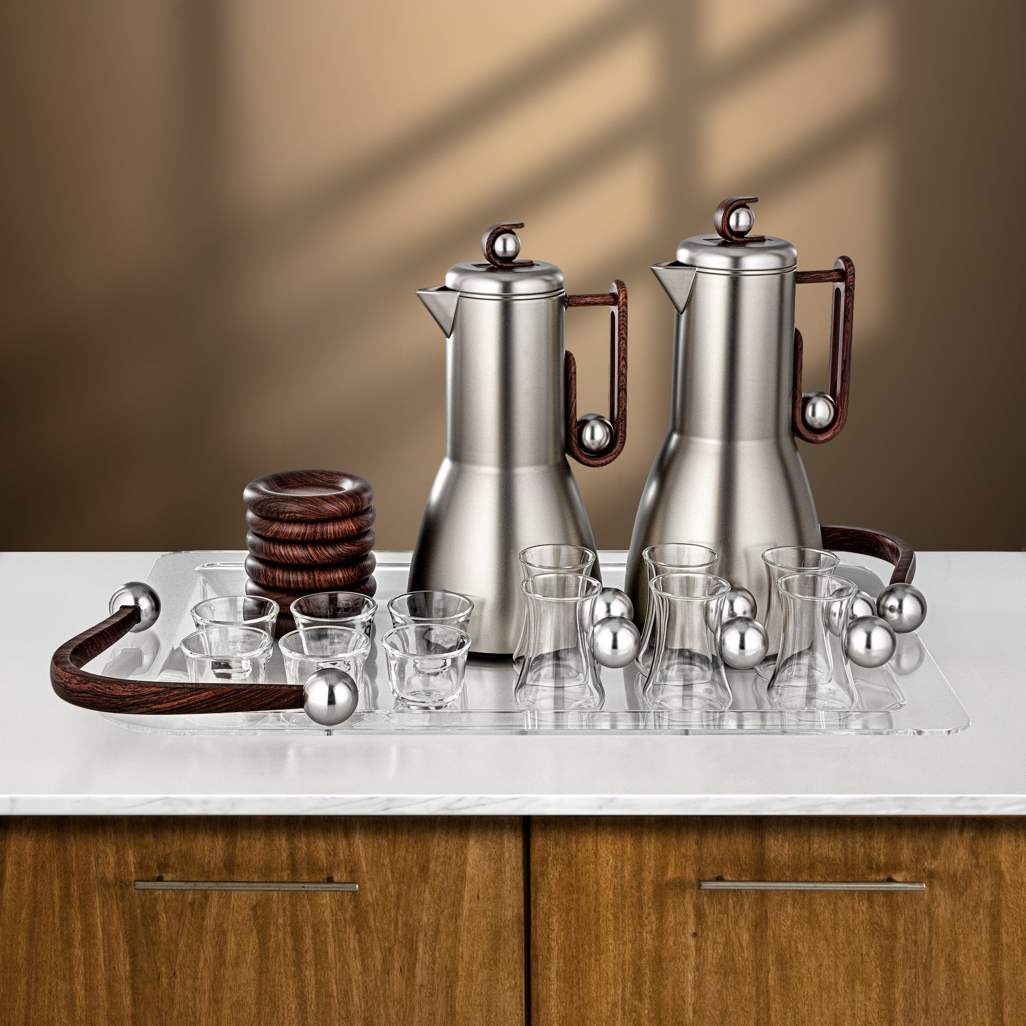 Almarjan Tea & Coffee Set 21 Pieces Matt Nickel & Dark Wood