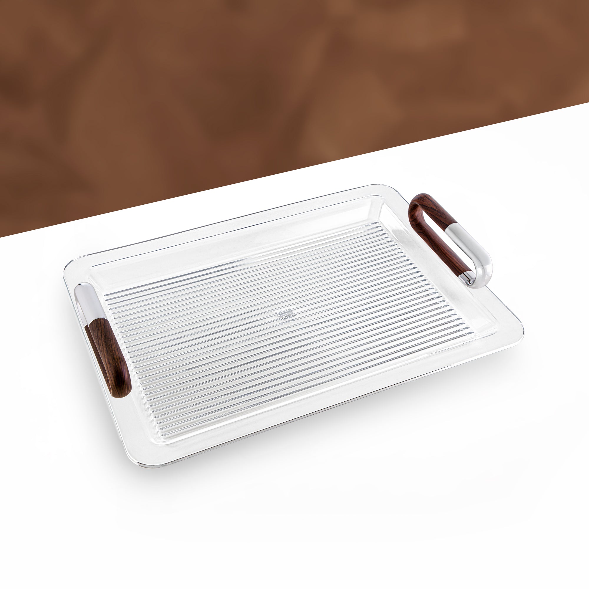 Almarjan 50 cm Acrylic Serving Tray, Silver & Dark Wood