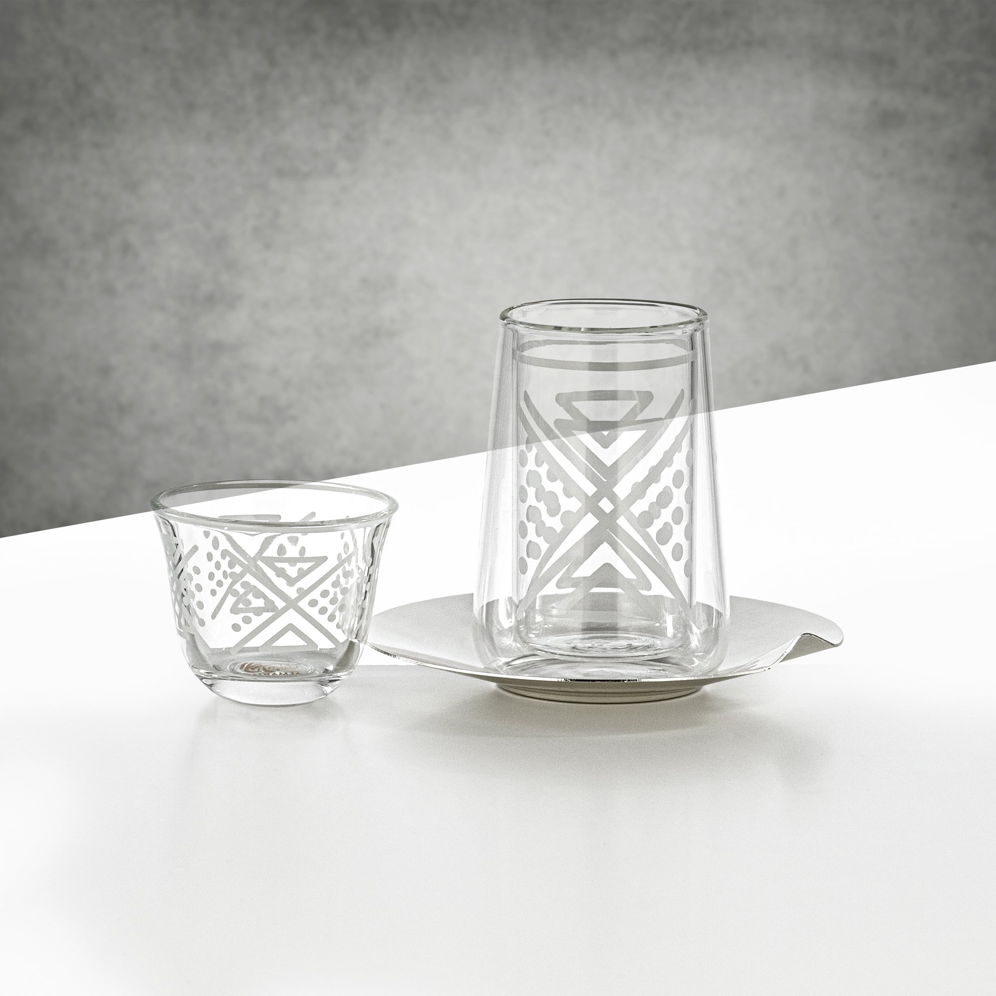 Almarjan Tea & Coffee Glass Set 18 Pieces Clear with White Geometric Pattern