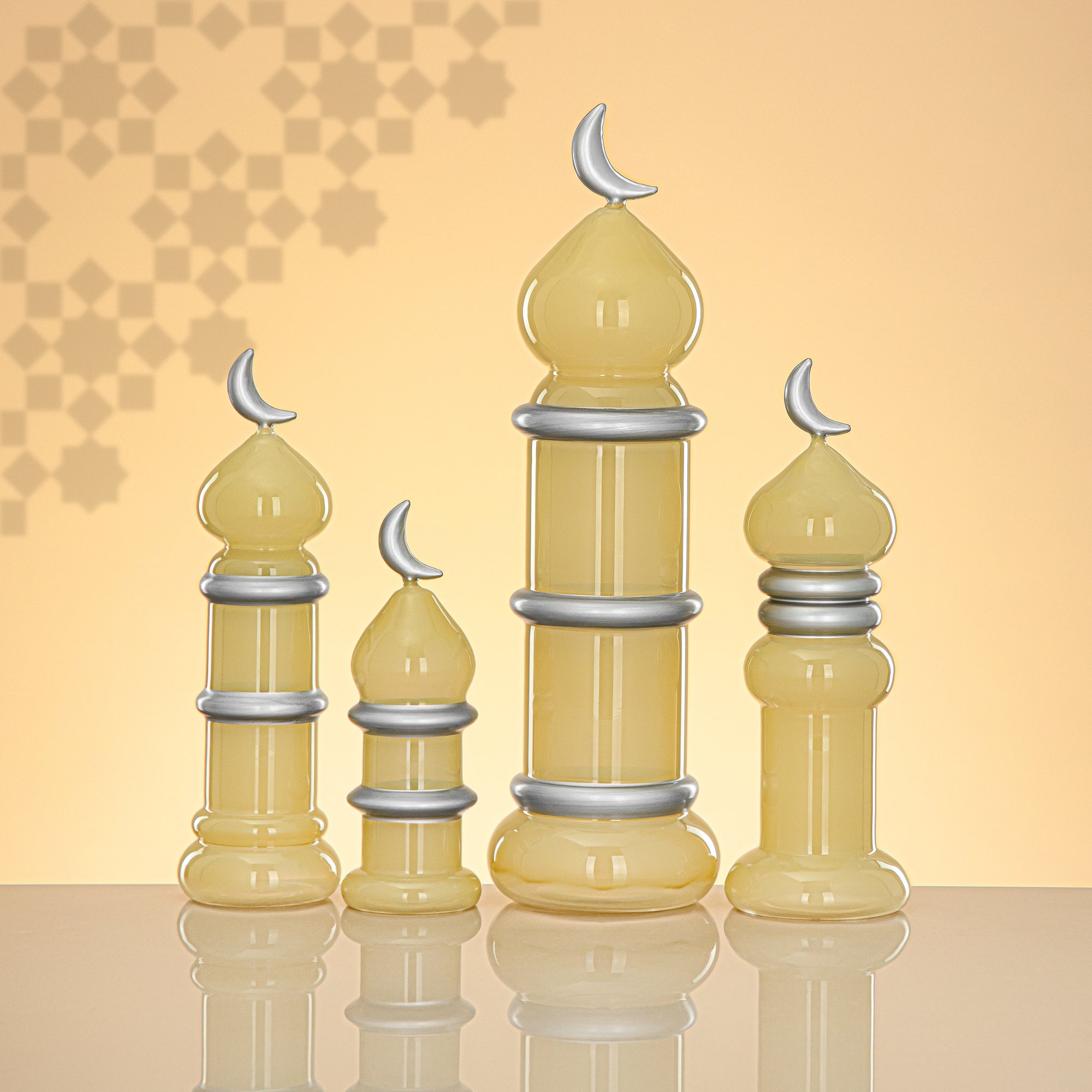 Almarjan Minaret Table Decoration 24cm x 8cm Ivory with Silver Lines & Crescent Moon – Noor Al Layali