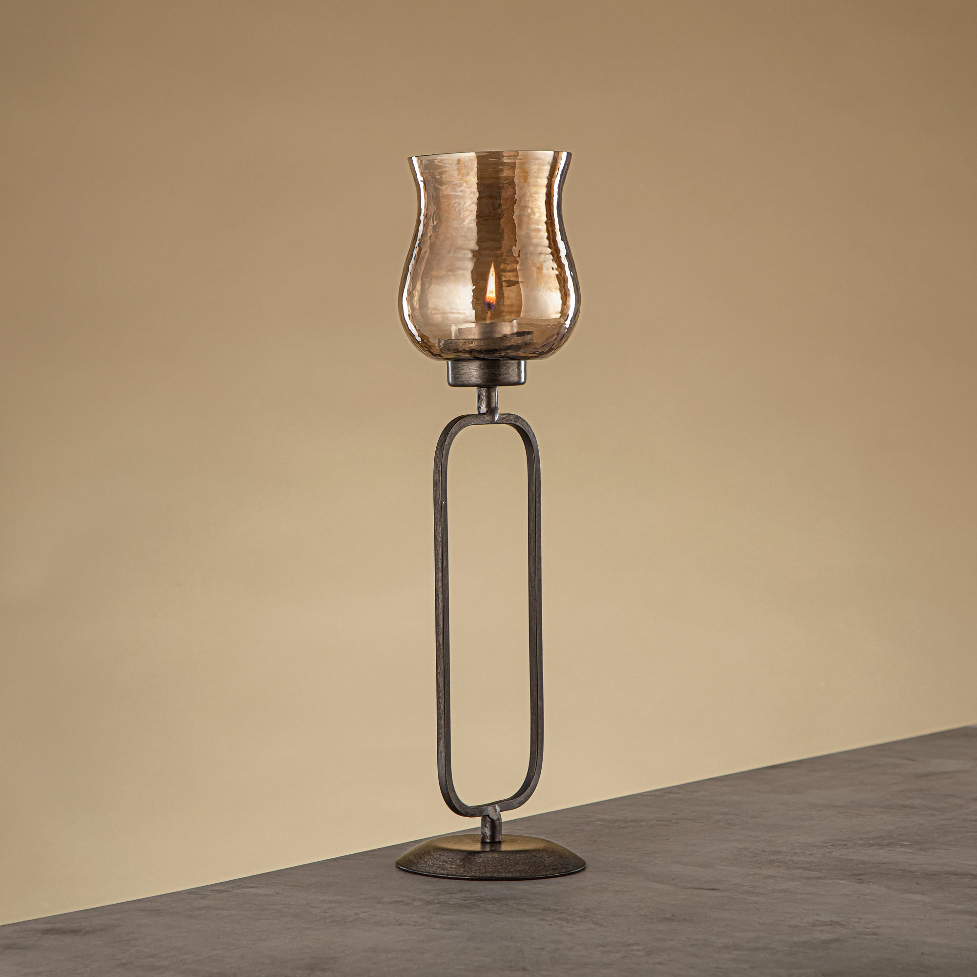 Almarjan Elemental Votive Holder Hammered Copper Brown Glass 11x11x41 CM Vintage Silver Stand (GMT2960014)