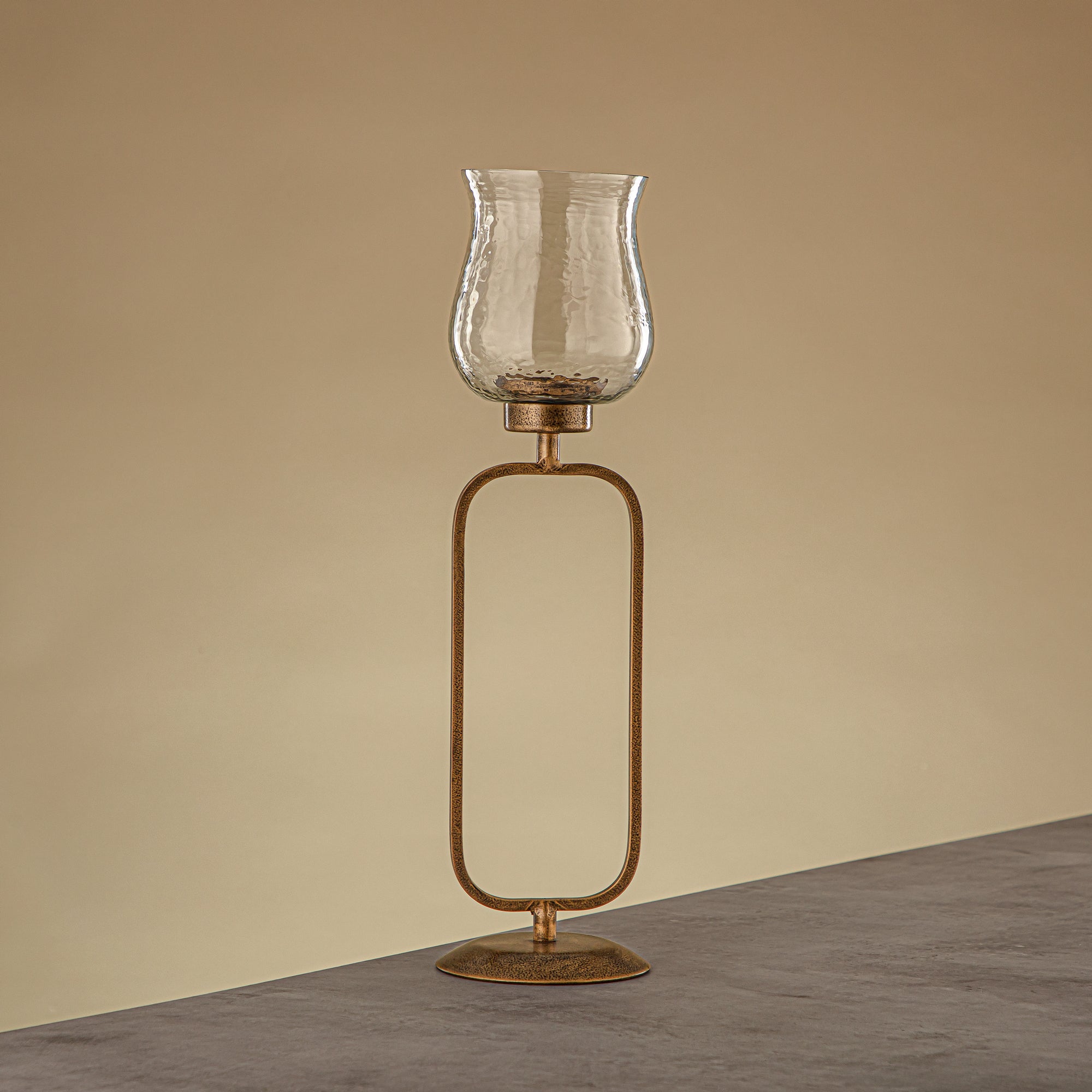 Almarjan Elemental Votive Holder Hammered Clear Glass 11x11x41 CM Antique Gold Stand (GMT2960015)