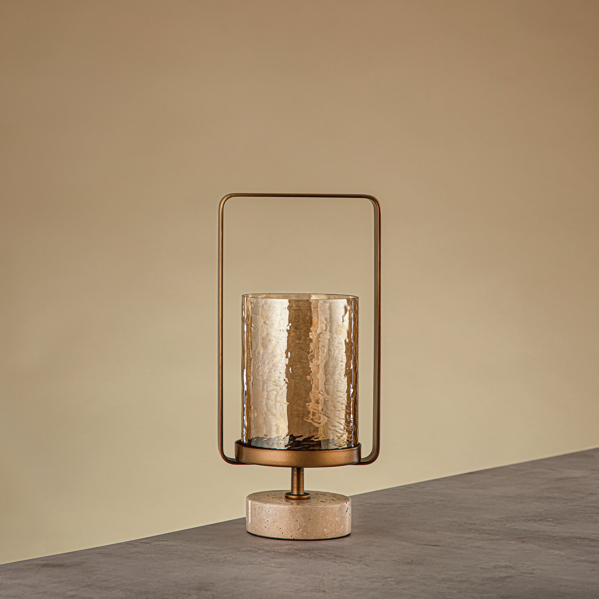 Almarjan Kalon Hurricane Lantern Hammered Copper Brown Glass 15.5x12.5x32.5 CM Brushed Gold & Travertine Base (GMT2960027)