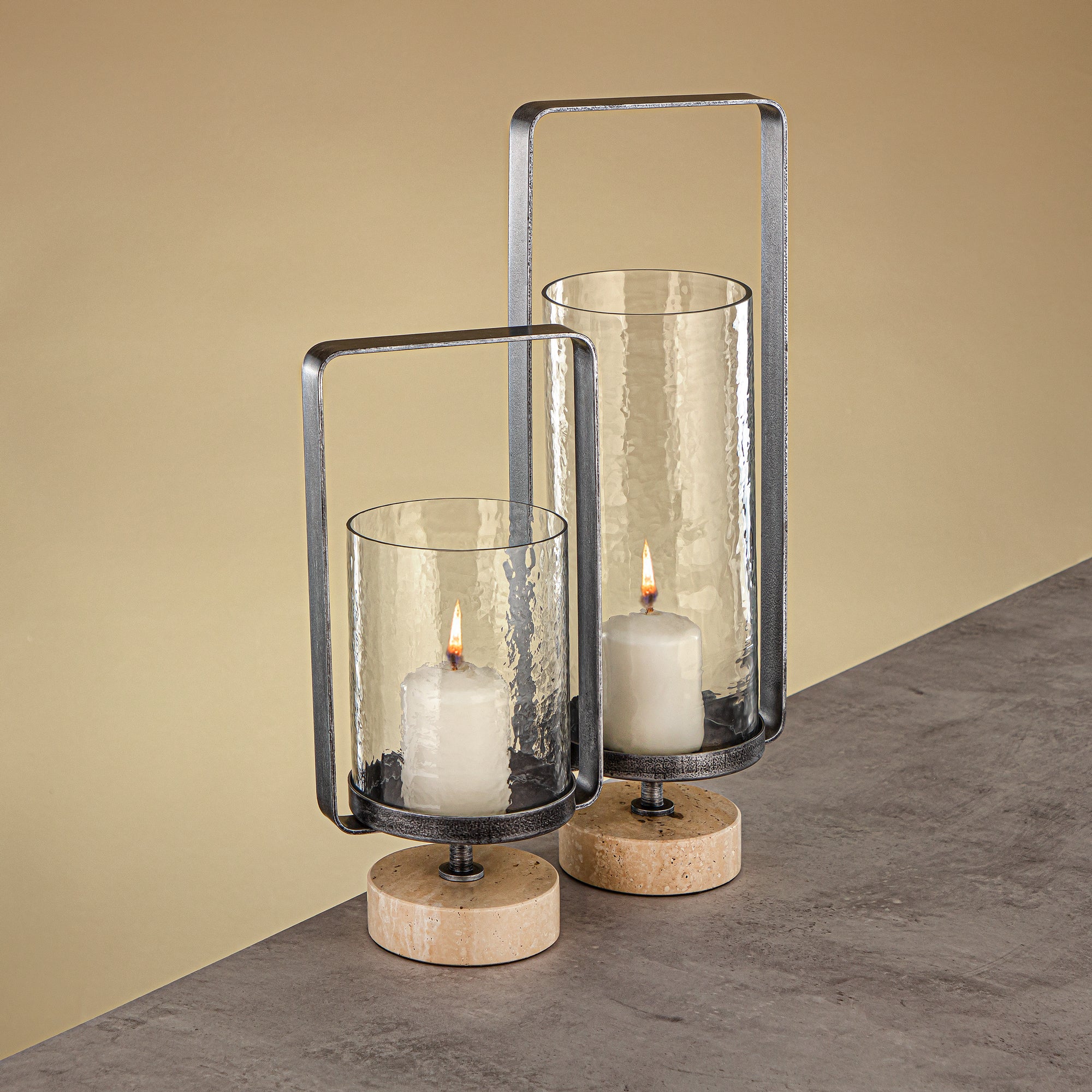 Almarjan Kalon Hurricane Lantern Hammered Clear Glass 16x10.5x43.5 CM Brushed Grey & Travertine Base (GMT2960030)