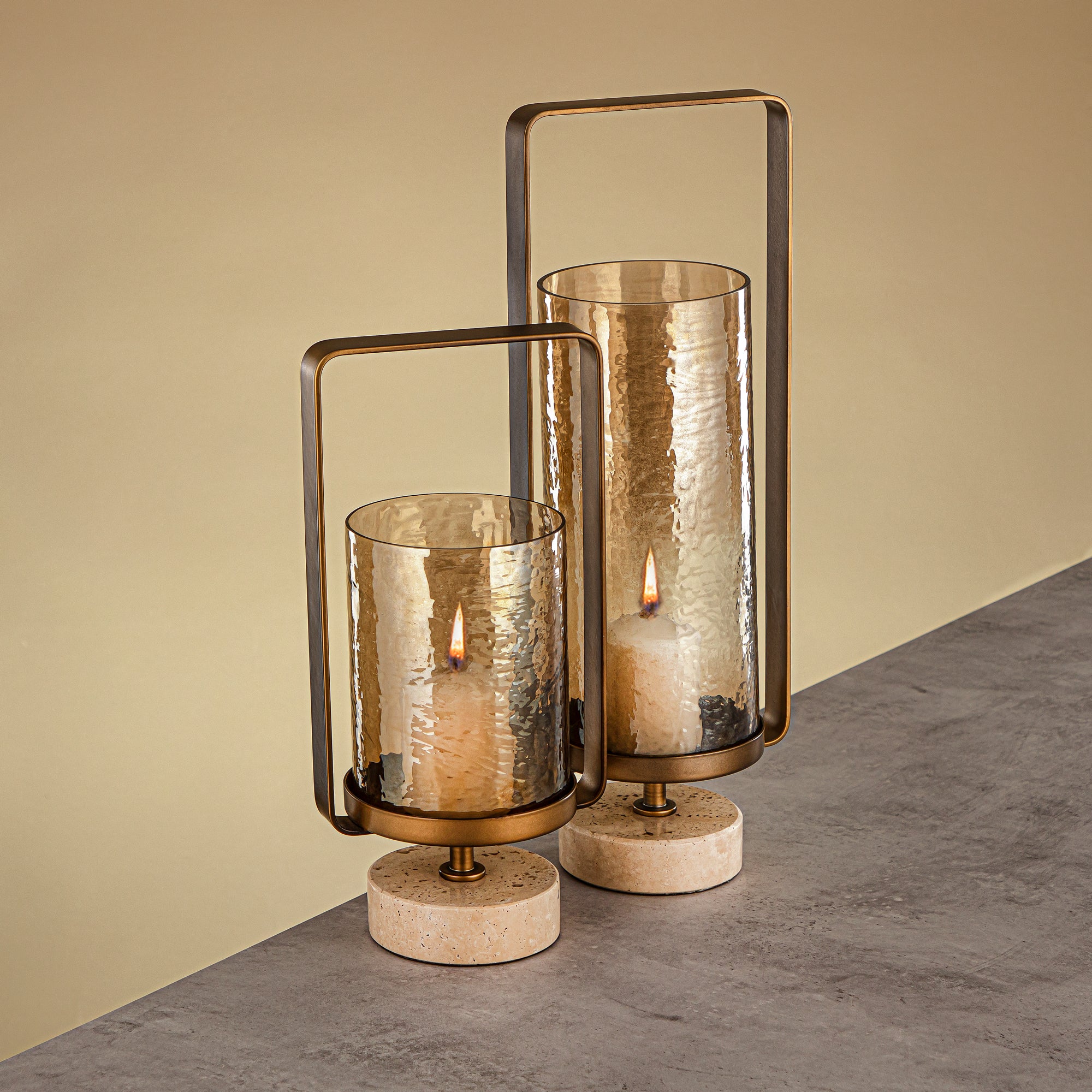 Almarjan Kalon Hurricane Lantern Hammered Copper Brown Glass 16x10.5x43.5 CM Brushed Gold & Travertine Base (GMT2960031)