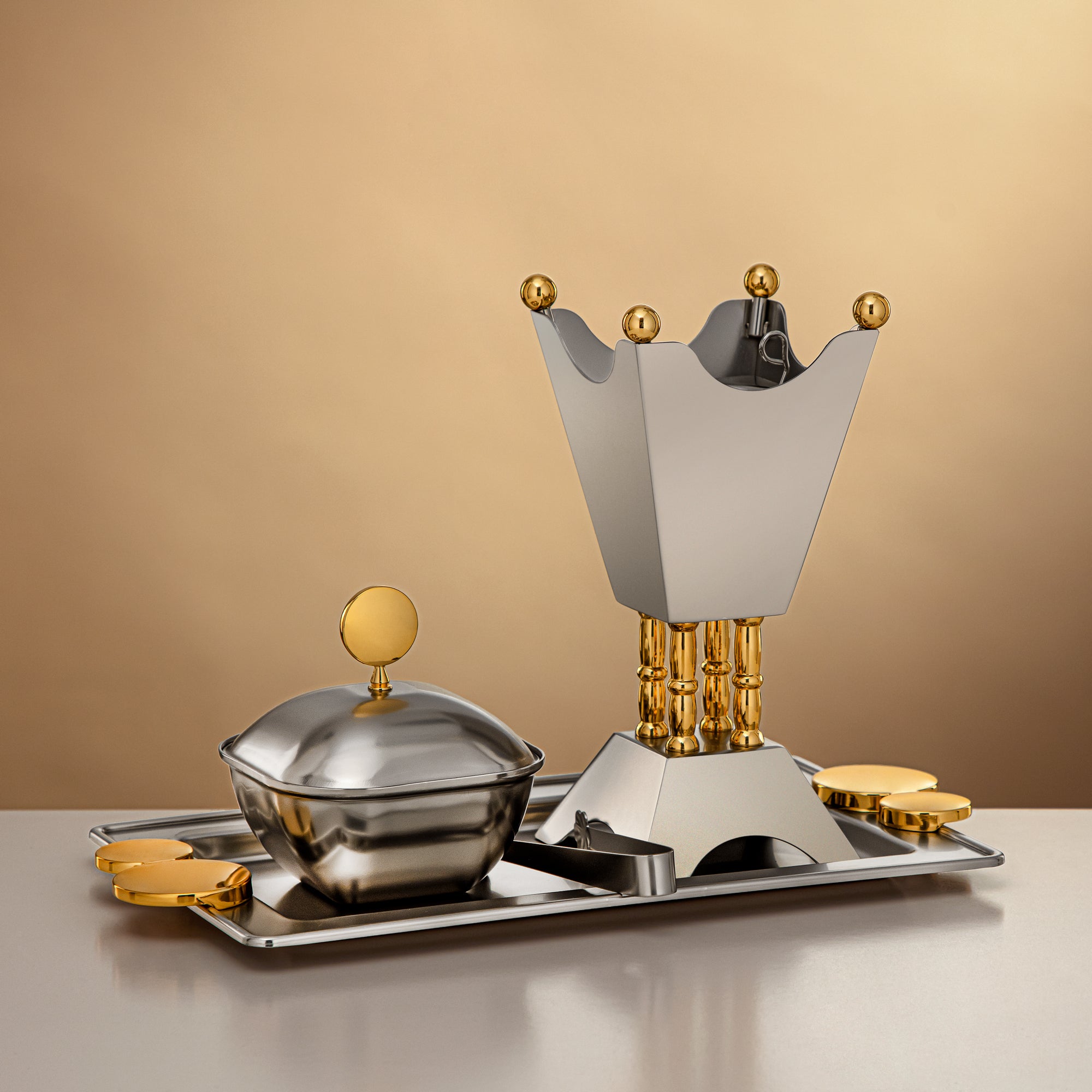 Almarjan 4 Pieces Incense Burner Set Matte Nickel & Gold - HT2506045