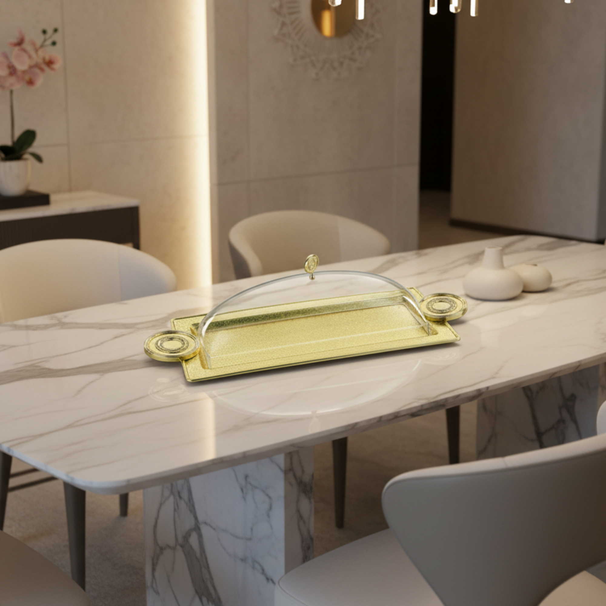 Almarjan Serving Tray with Cover 50 cm Brass Crackle