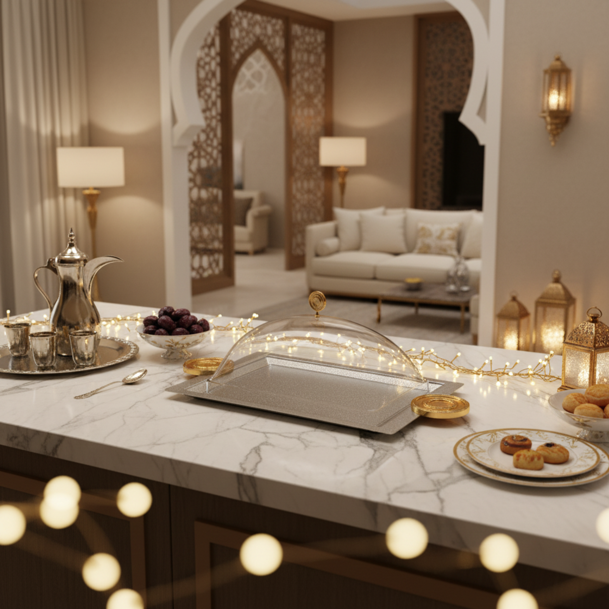 Almarjan Serving Tray with Cover 49 cm Silver & Gold Crackle