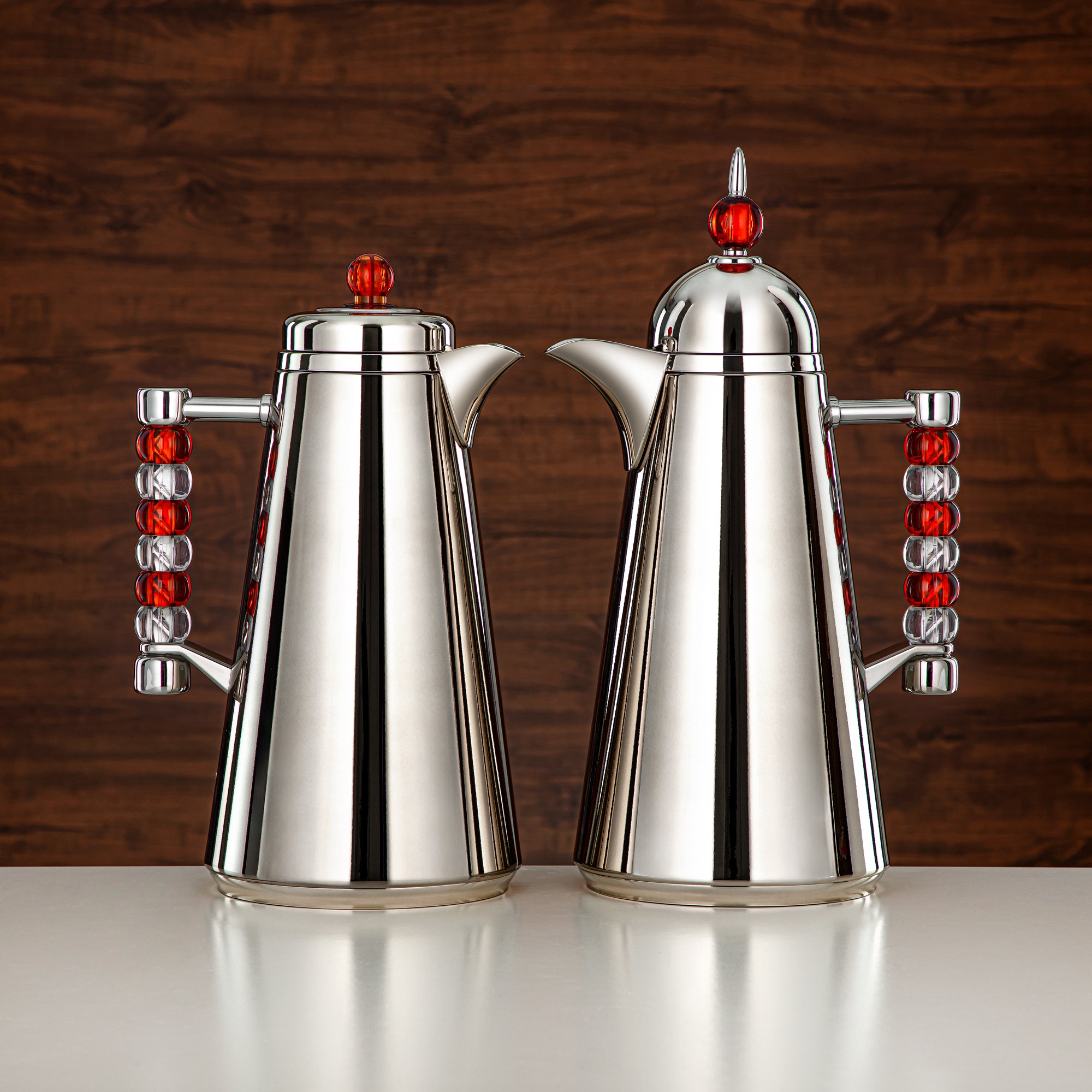 Almarjan Vacuum Flask Set Push Button 1L + 1L Silver & Transparent Red (SJ42-SCA) - Tea & Coffee Flask