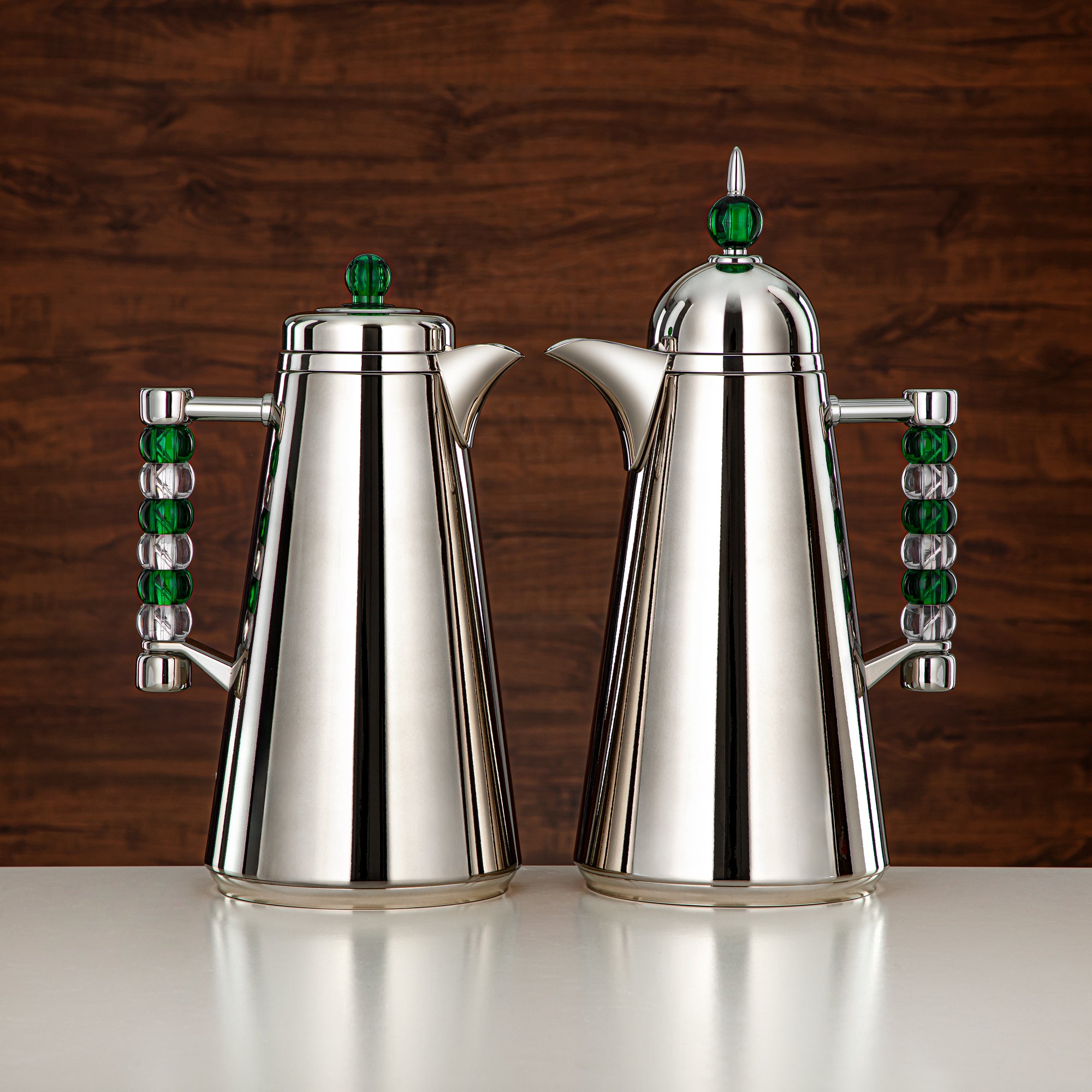 Almarjan Vacuum Flask Set Push Button 1L + 1L Silver & Transparent Green (SJ42-SCGR) - Tea & Coffee Flask