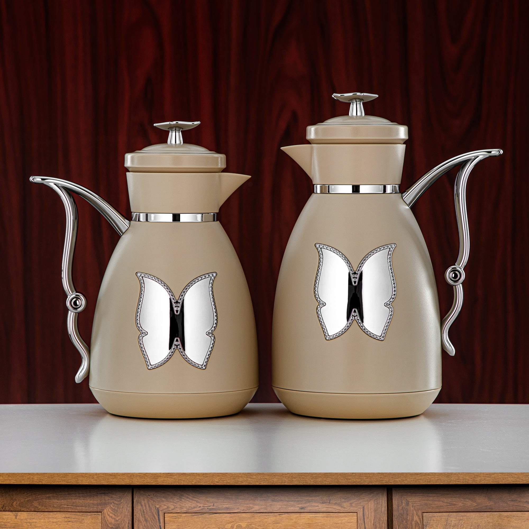 Almarjan Vacuum Flask Set Plastic Push Button 0.7L + 1L Beige & Silver (SM-2C142-070/100 BG/C) - Tea & Coffee Flask