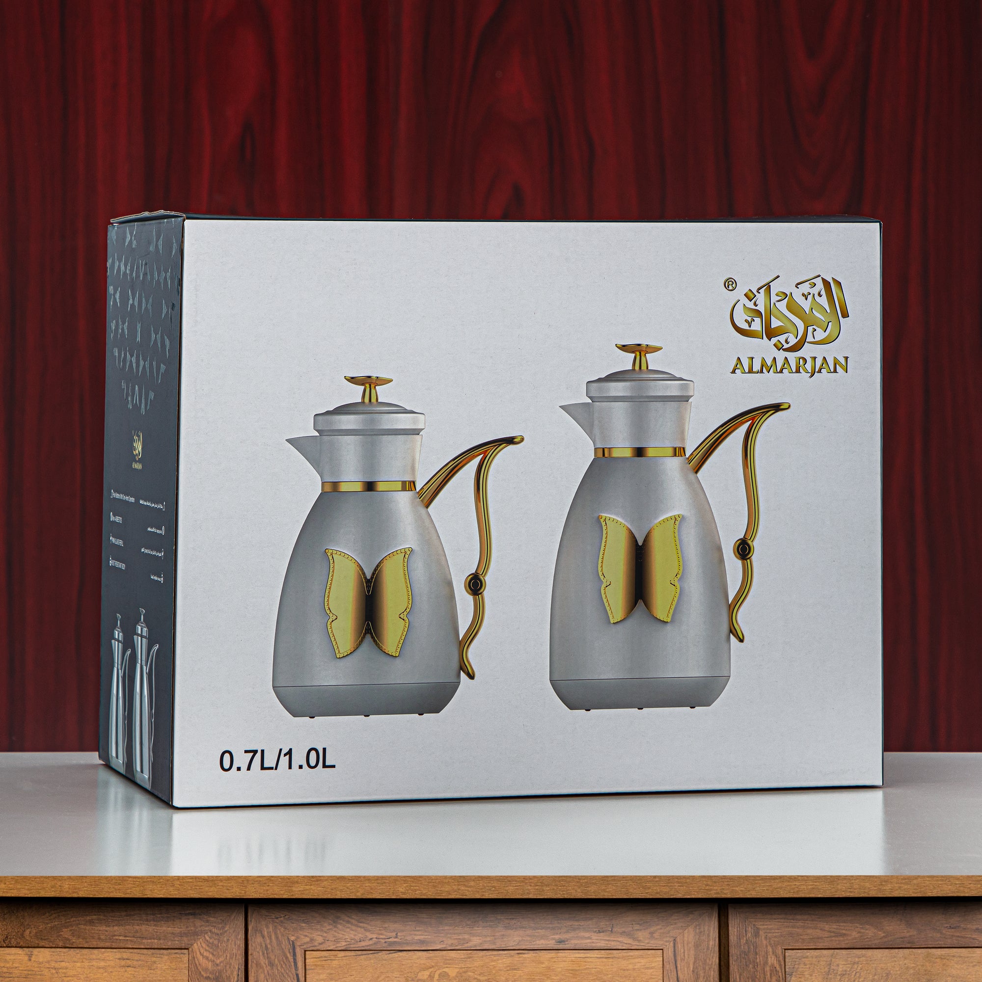 Almarjan Vacuum Flask Set Plastic Push Button 0.7L + 1L Silver & Gold (SM-2C142-070/100 C/G) - Tea & Coffee Flask