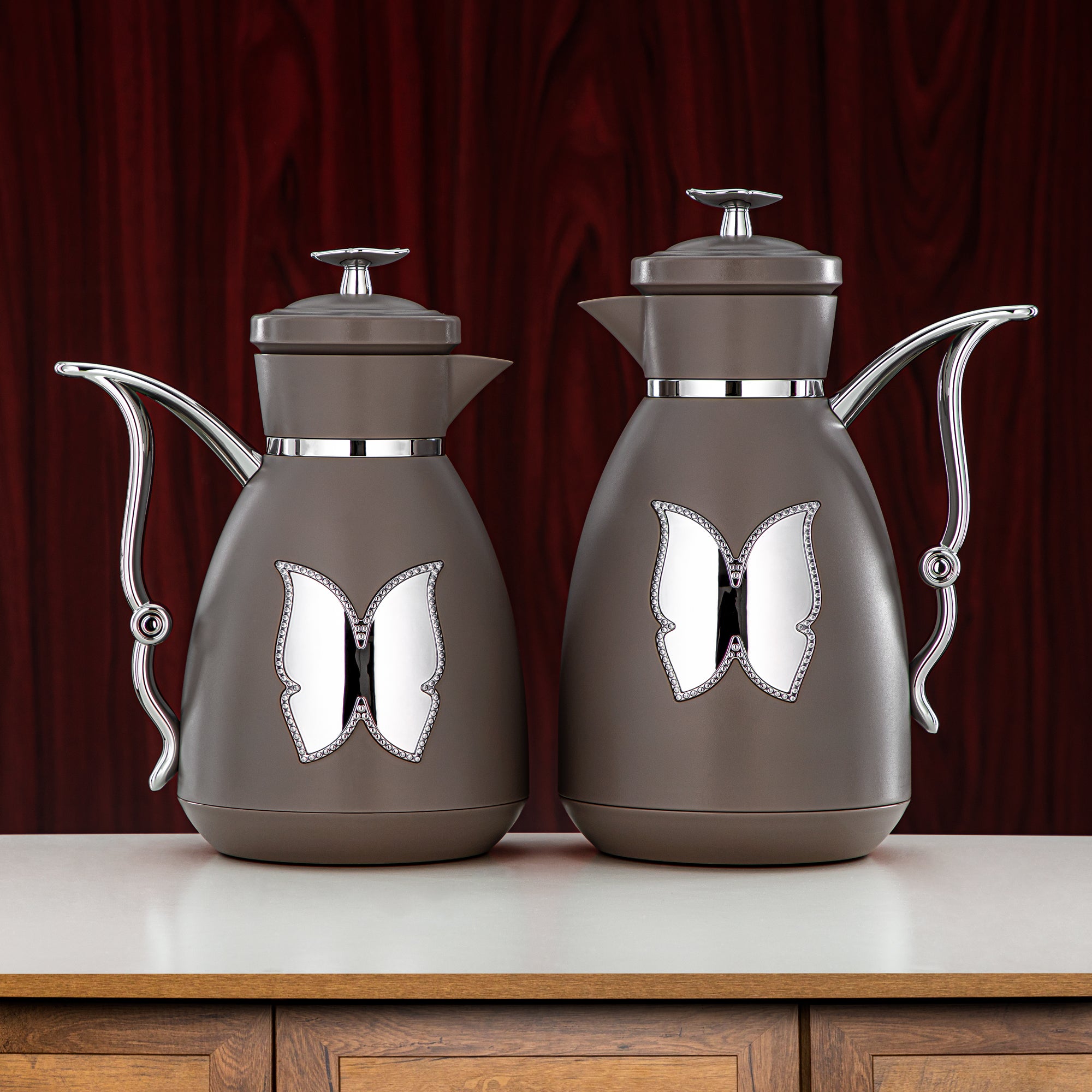 Almarjan Vacuum Flask Set Plastic Push Button 0.7L + 1L Coffee & Silver (SM-2C142-070/100 WG/C) - Tea & Coffee Flask