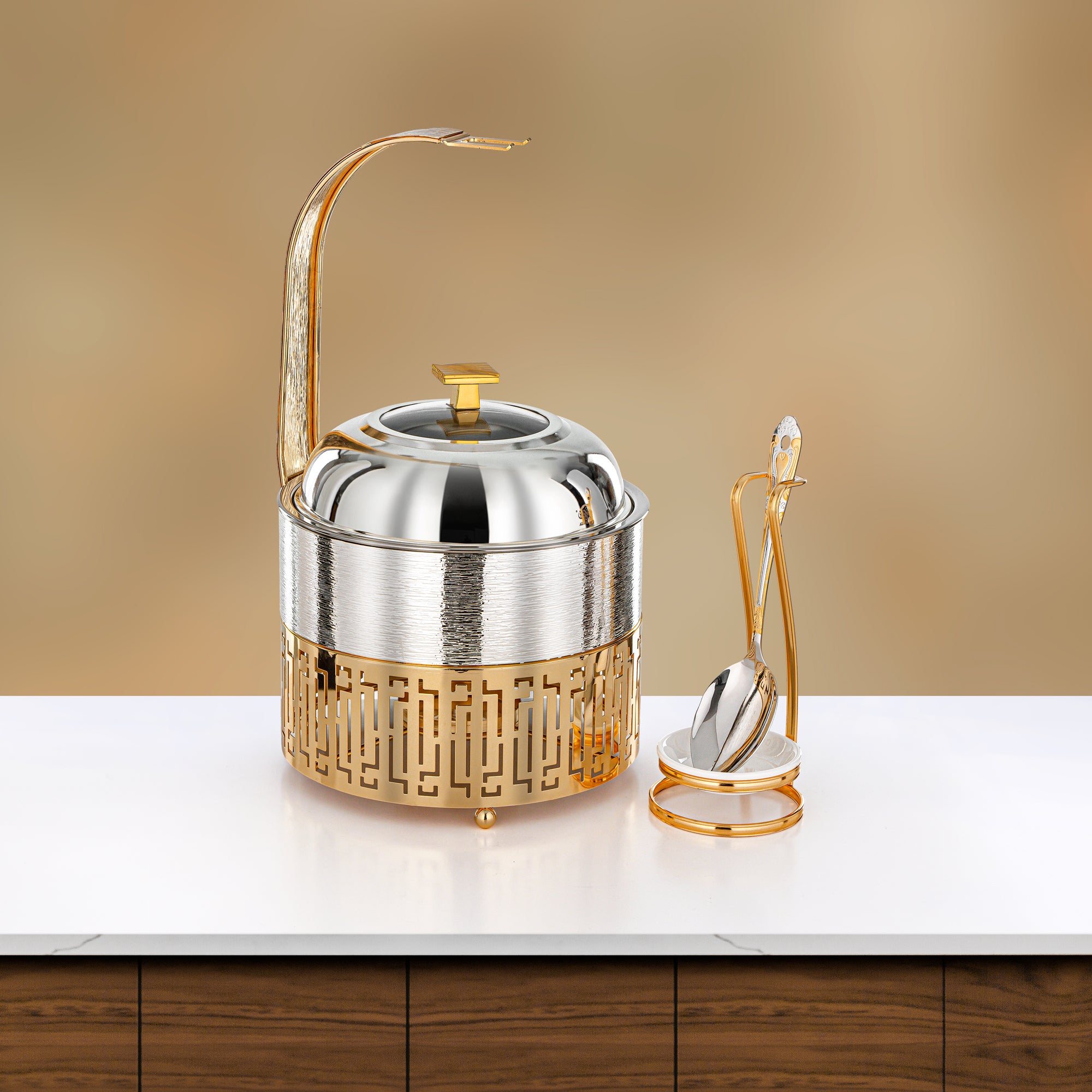 Almarjan 2 Lit Chafing Dish, Brushed Silver & Gold