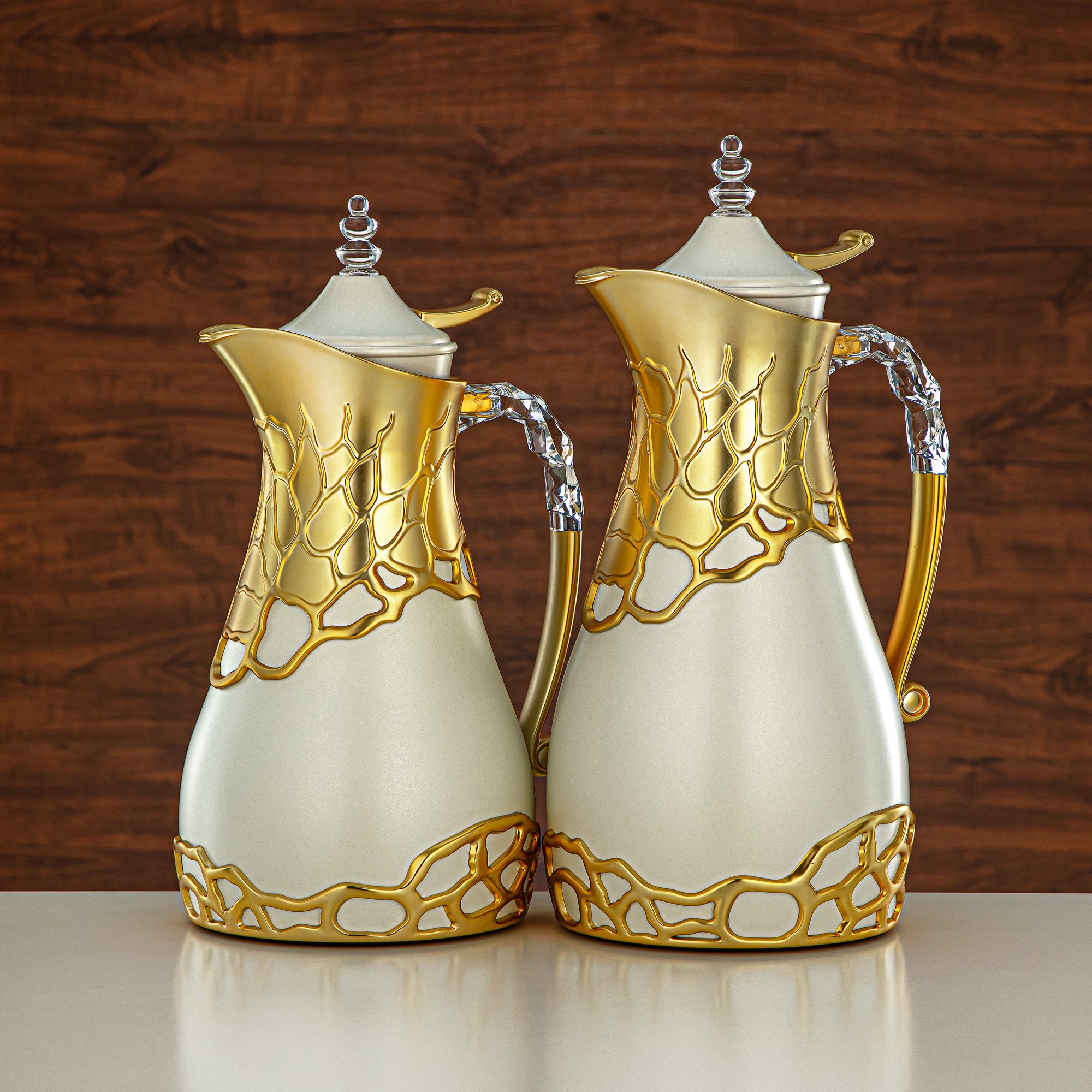 Almarjan Vacuum Flask Set Metal Body 0.7L & 1L ABS & Acrylic Handle (VBC-0700/1000 Q330YZE22) – Ivory & Matte Gold Tea & Coffee Serving