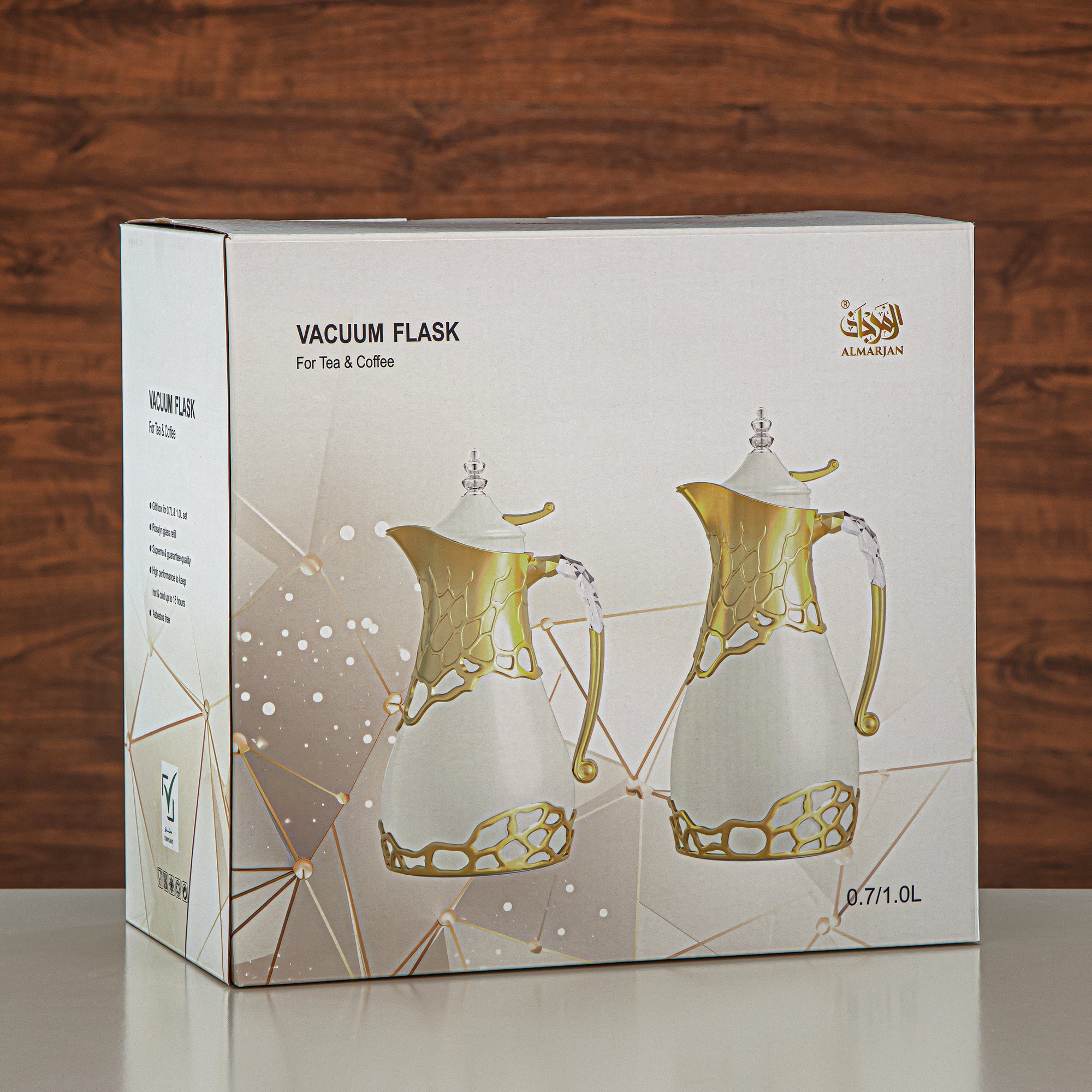 Almarjan Vacuum Flask Set Metal Body 0.7L & 1L ABS & Acrylic Handle (VBC-0700/1000 CE22) – Silver & Matt Gold Tea & Coffee Serving