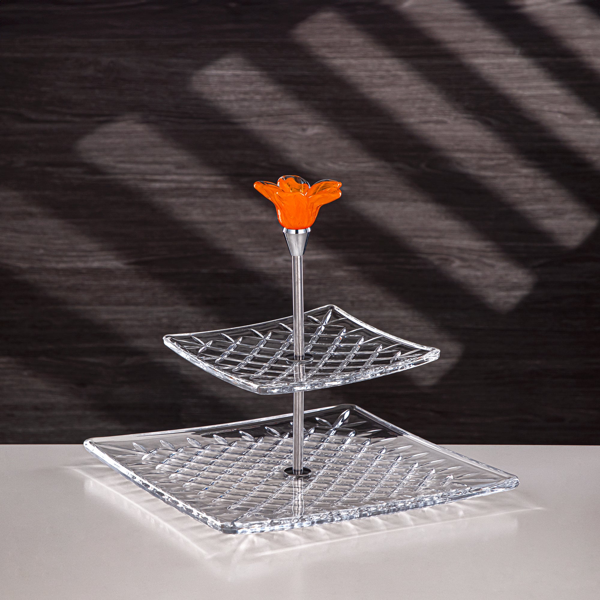 Almarjan Serveware Glass 2-Tier Square Clear with Orange Flower