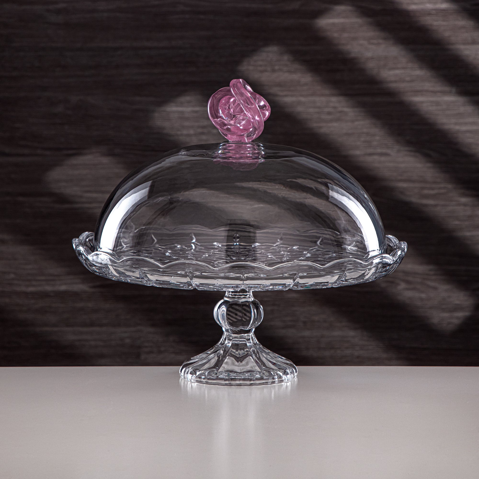 Almarjan Cake Stand Glass Round Clear with Pink Knot