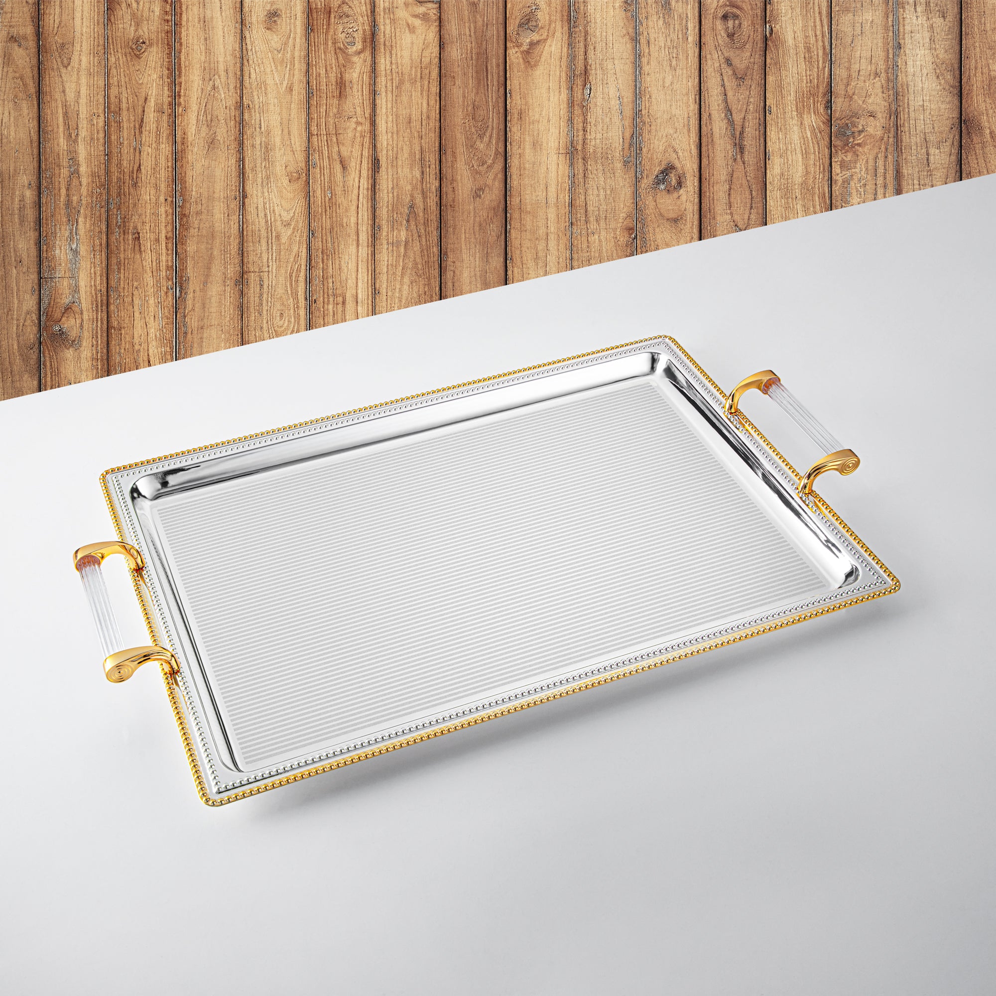 Almarjan Serving Tray, Transparent & Silver & Golden (576XL-SG) | Ramadan & Special Occasions