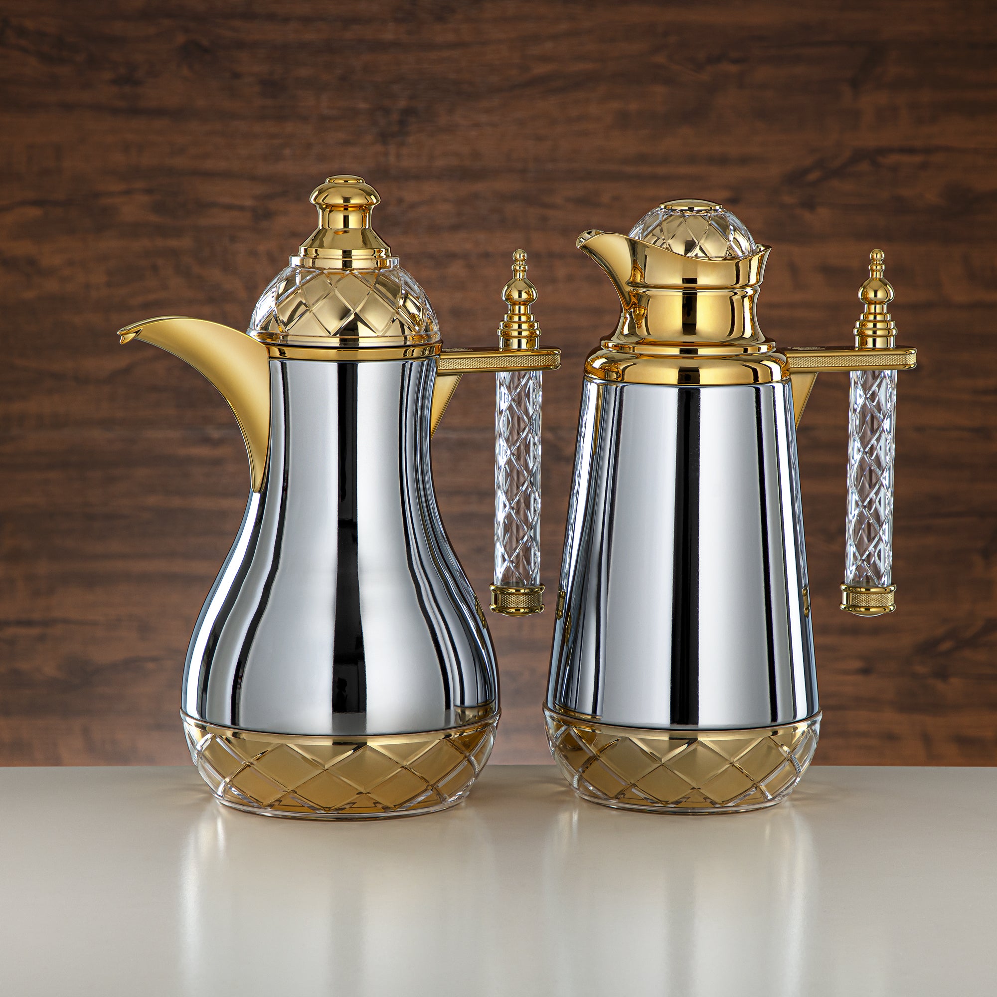 Almarjan Vacuum Flask Set, Push Button, Acrylic Handle - 0.7L + 1L, Silver & Gold (CBY+CBZ-CCG) - Classic Vacuum Flasks