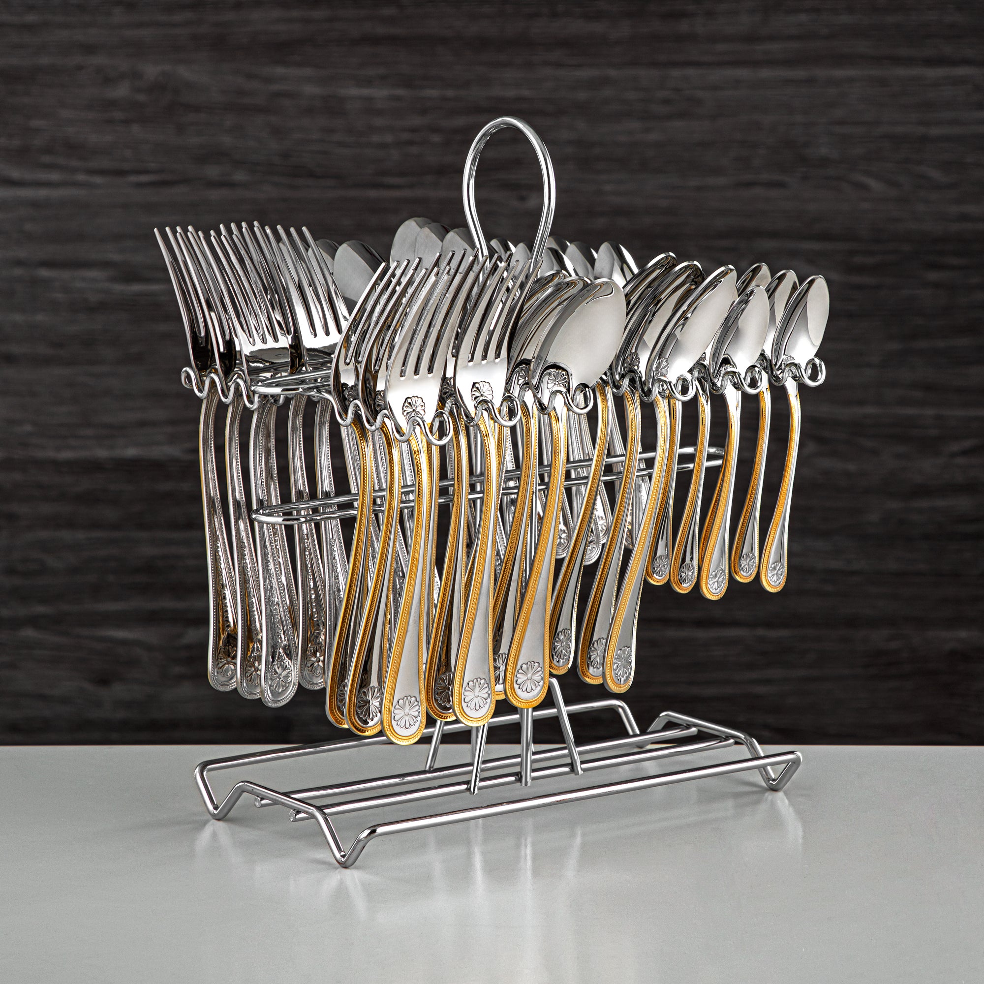 Almarjan Cutlery Set 36 Pieces, Stainless Steel, With Stand, Silver & Gold (CUT0010355) Elegant Cutlery Set