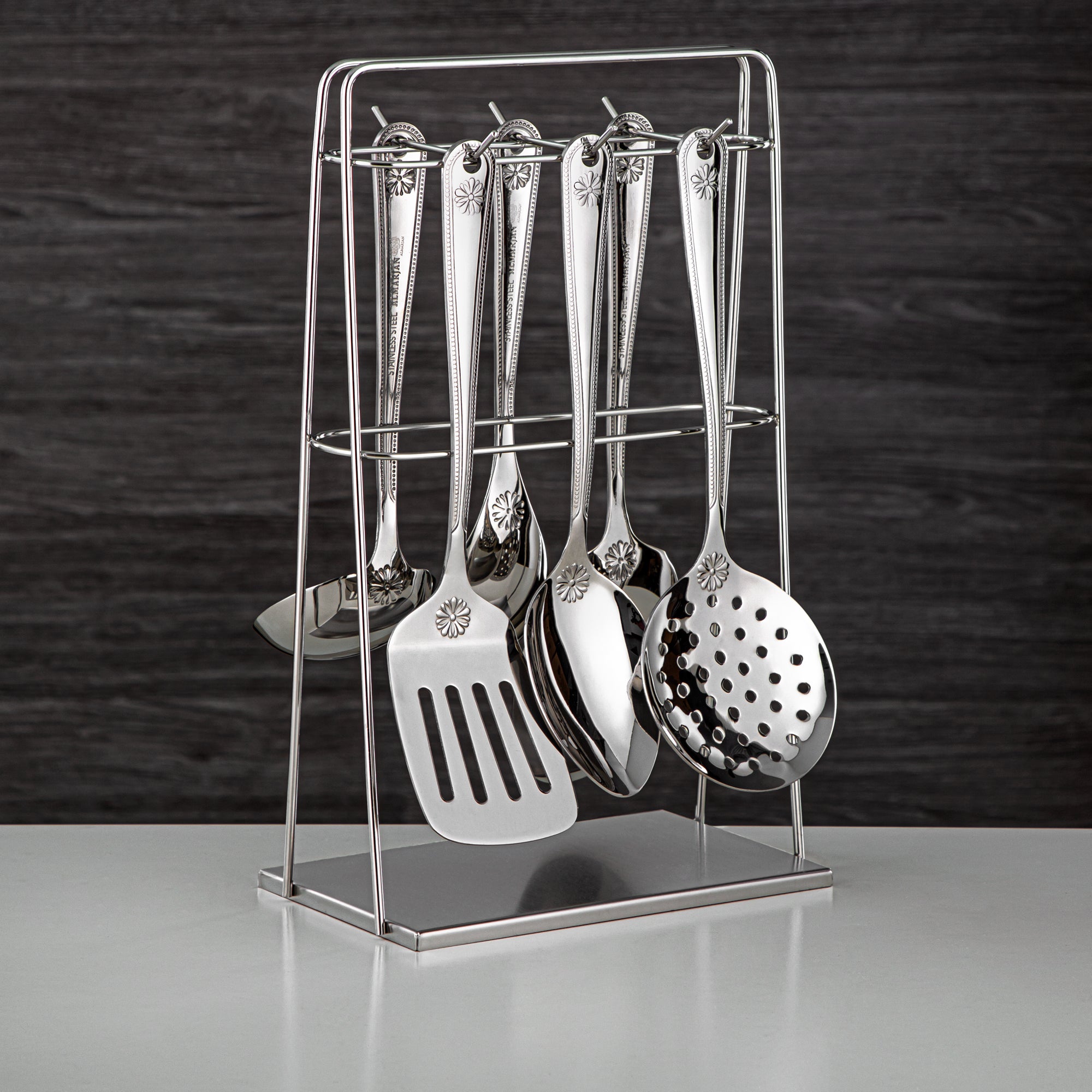 Almarjan Kitchen Tool Set 7 Pieces, Stainless Steel, With Stand, Silver (CUT0010381) Elegant Flatware