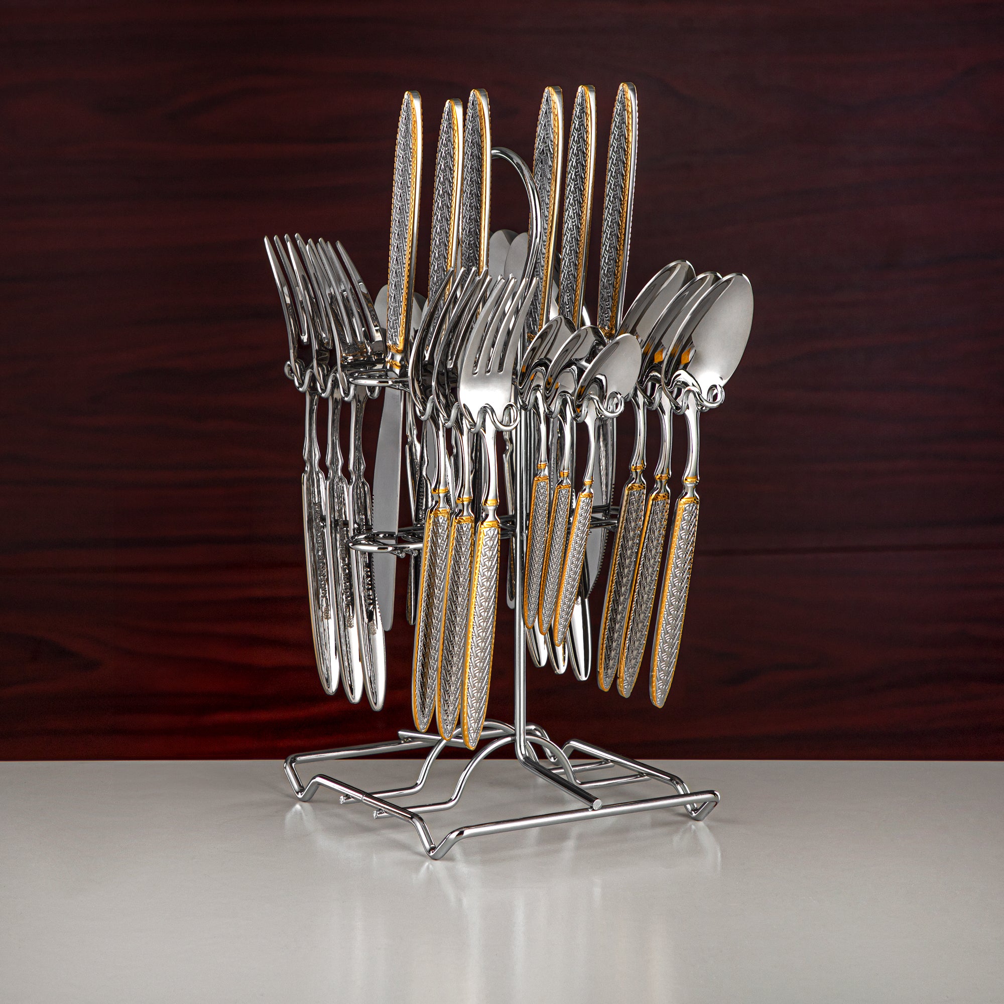 Almarjan Cutlery Set 24 Pieces, Stainless Steel, With Stand, Silver & Gold (CUT0010439) Elegant Cutlery Set