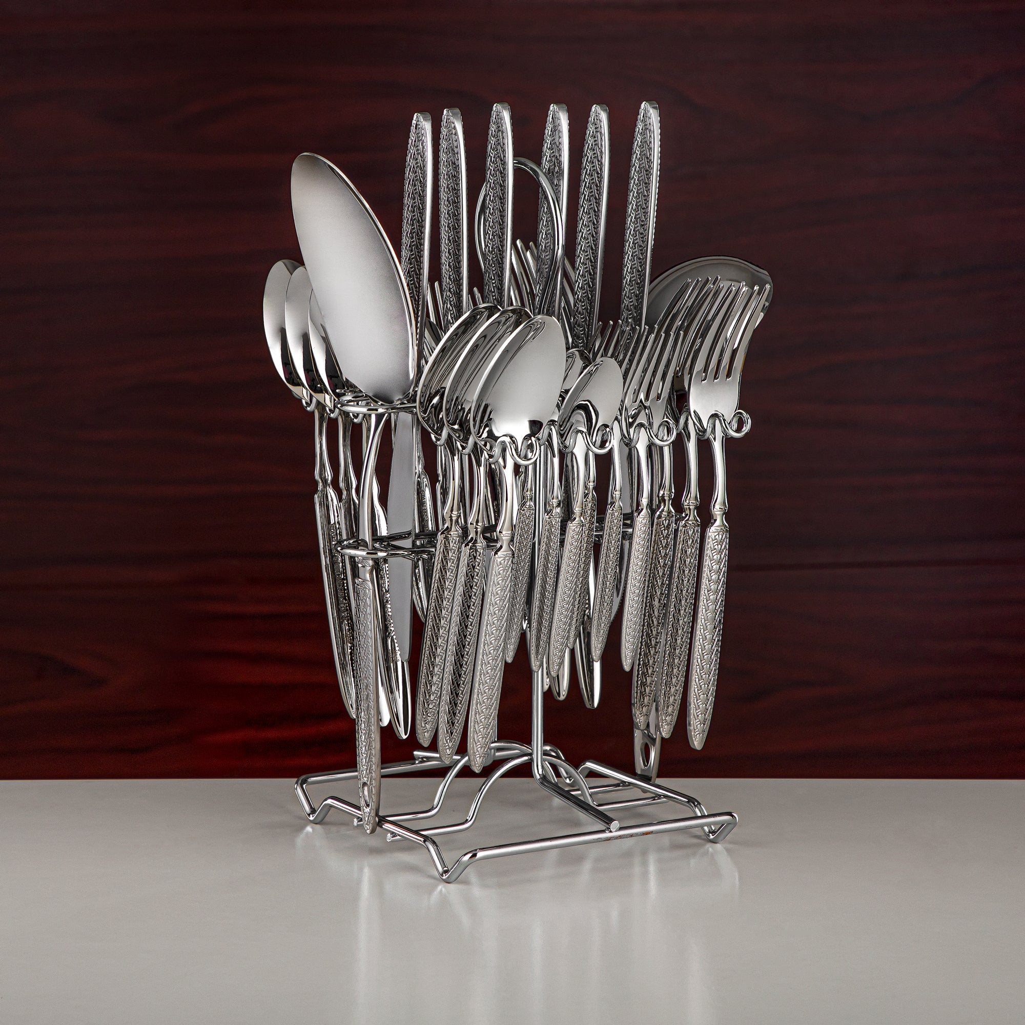 Almarjan Cutlery Set 32 Pieces, Stainless Steel, With Stand, Silver (CUT0010445) Elegant Cutlery Set