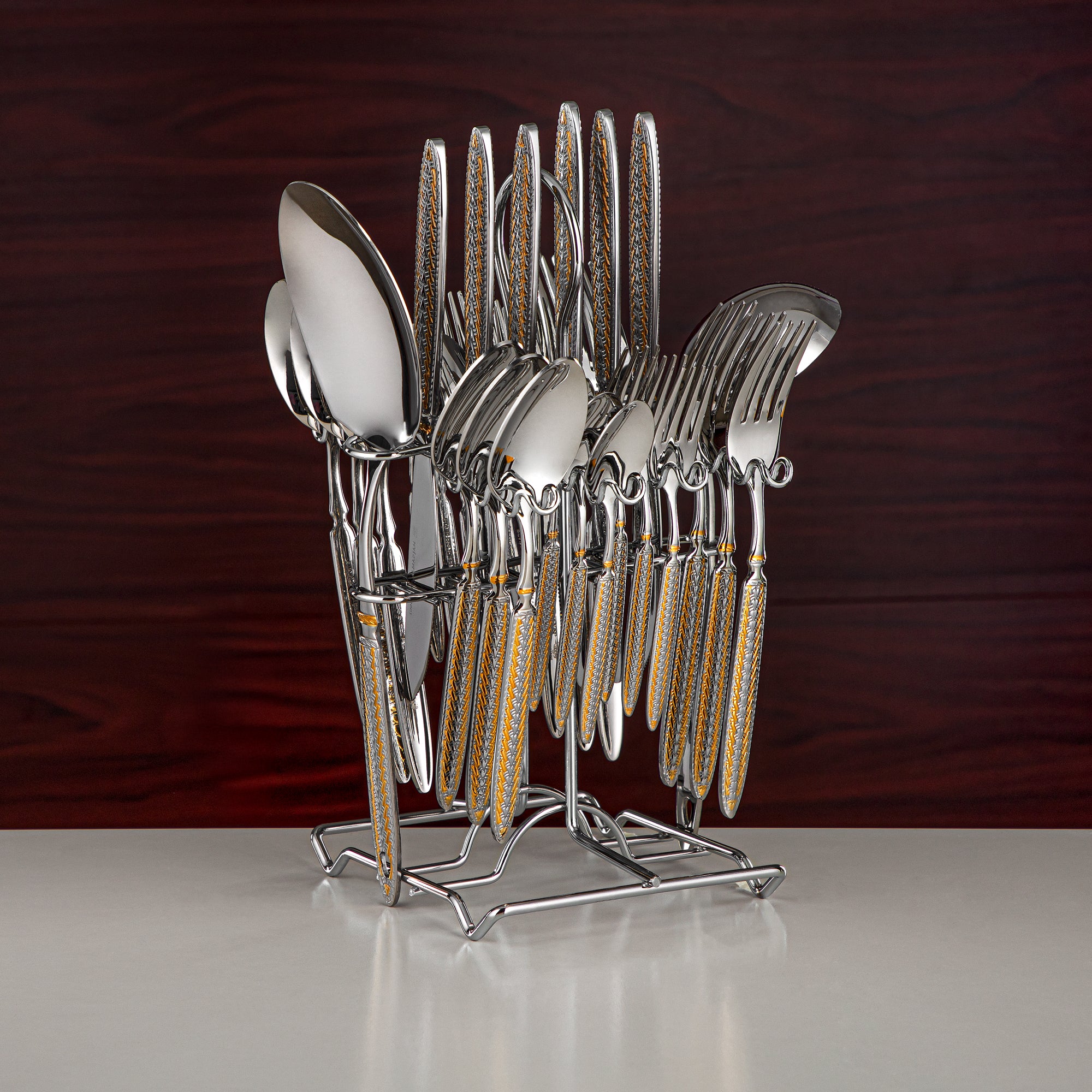 Almarjan Cutlery Set 32 Pieces, Stainless Steel, With Stand, Silver & Gold (CUT0010448) Elegant Cutlery Set