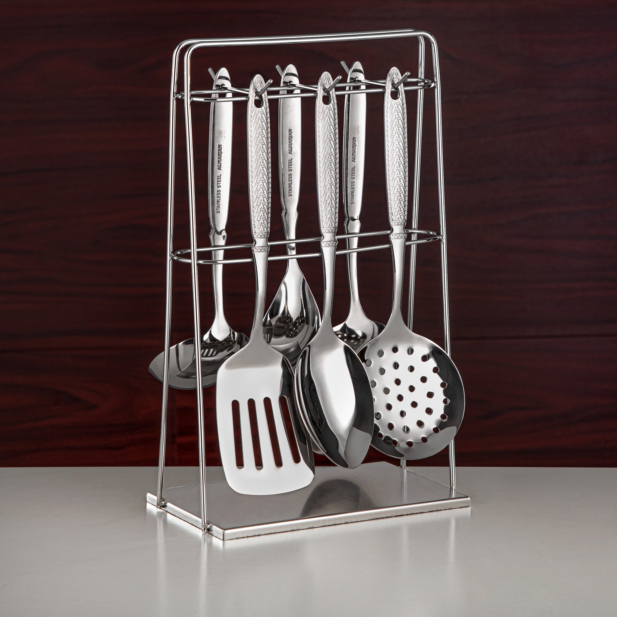 Almarjan Kitchen Tool Set 7 Pieces, Stainless Steel, With Stand, Silver (CUT0010469) Elegant Flatware