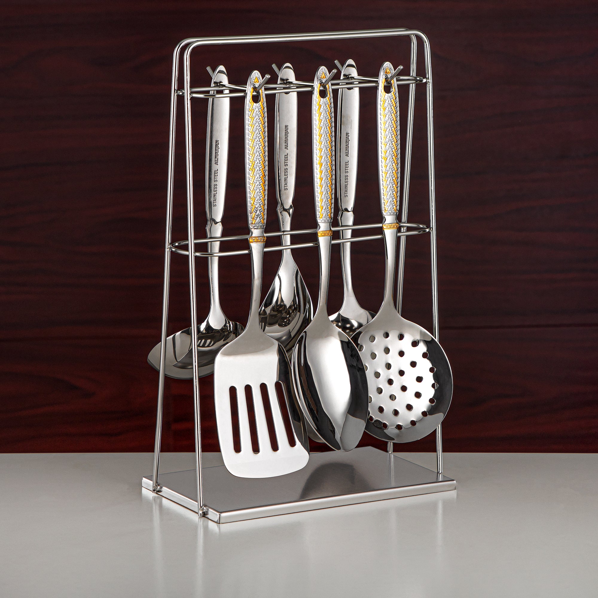 Almarjan Kitchen Tool Set 7 Pieces, Stainless Steel, With Stand, Silver & Gold (CUT0010472) Elegant Flatware