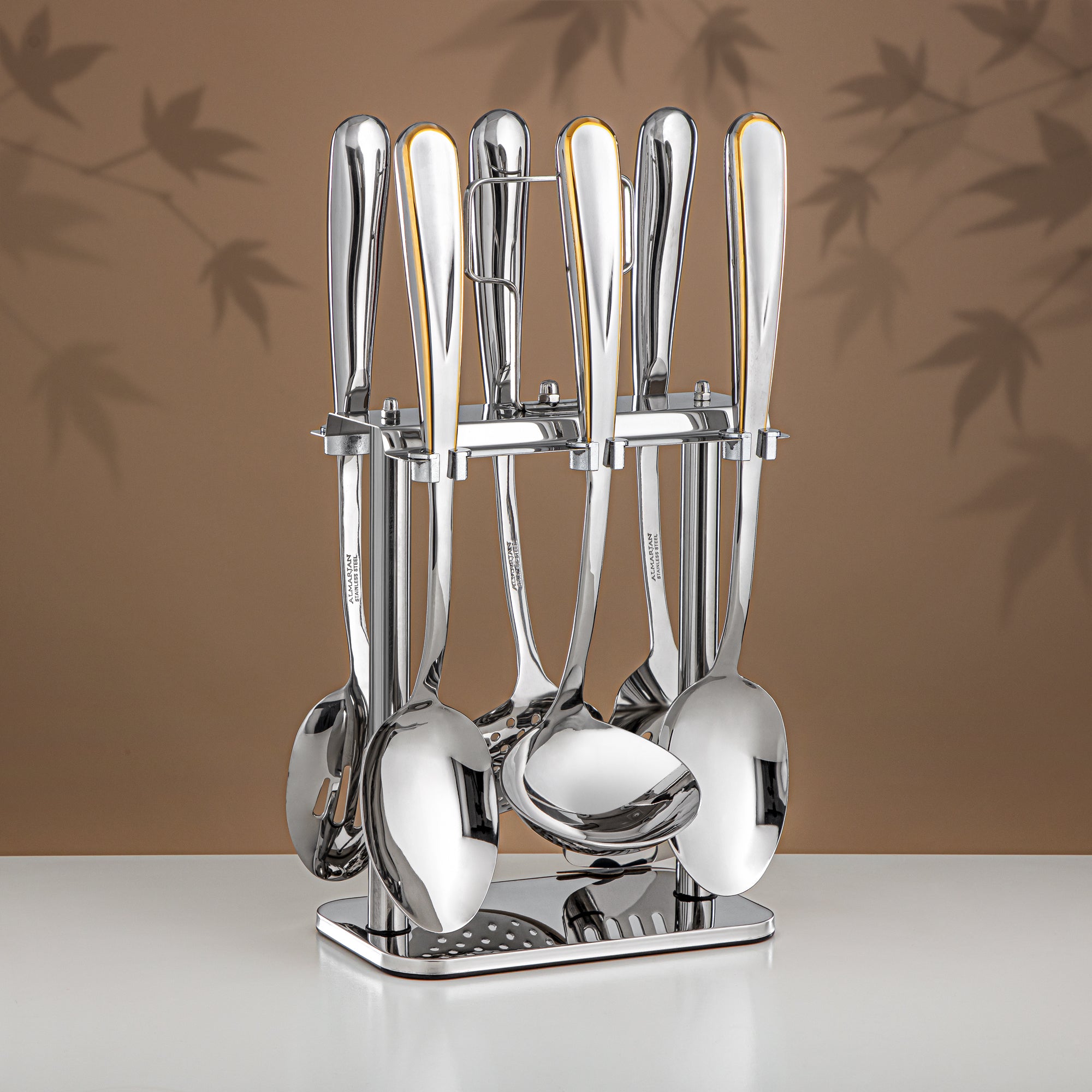 Almarjan Kitchen Tools Set 7 Pieces, Stainless Steel, with Stand, Silver & Gold (CUT1620078) - Elegant Serveware