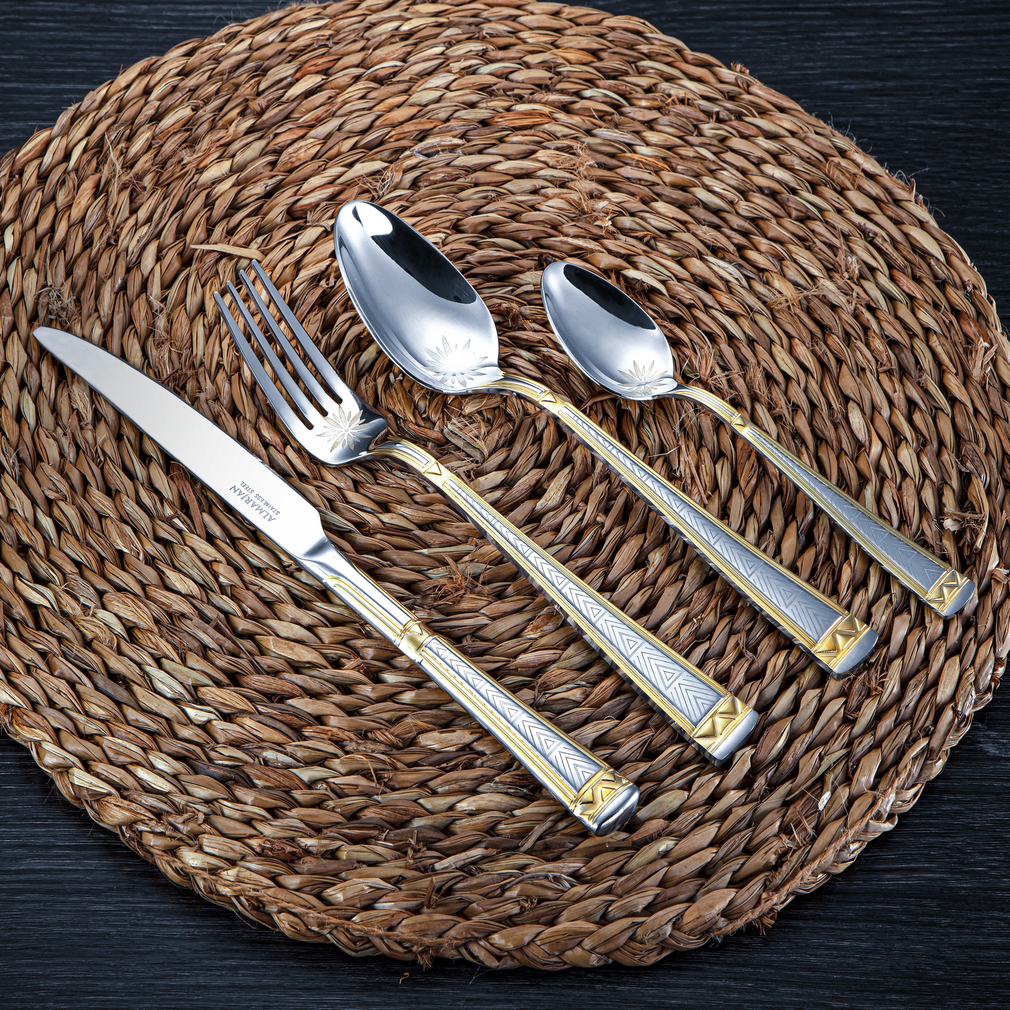 Almarjan 24 Pieces Stainless Steel Cutlery Set With Holder Silver & Gold - DA004GLE013/24