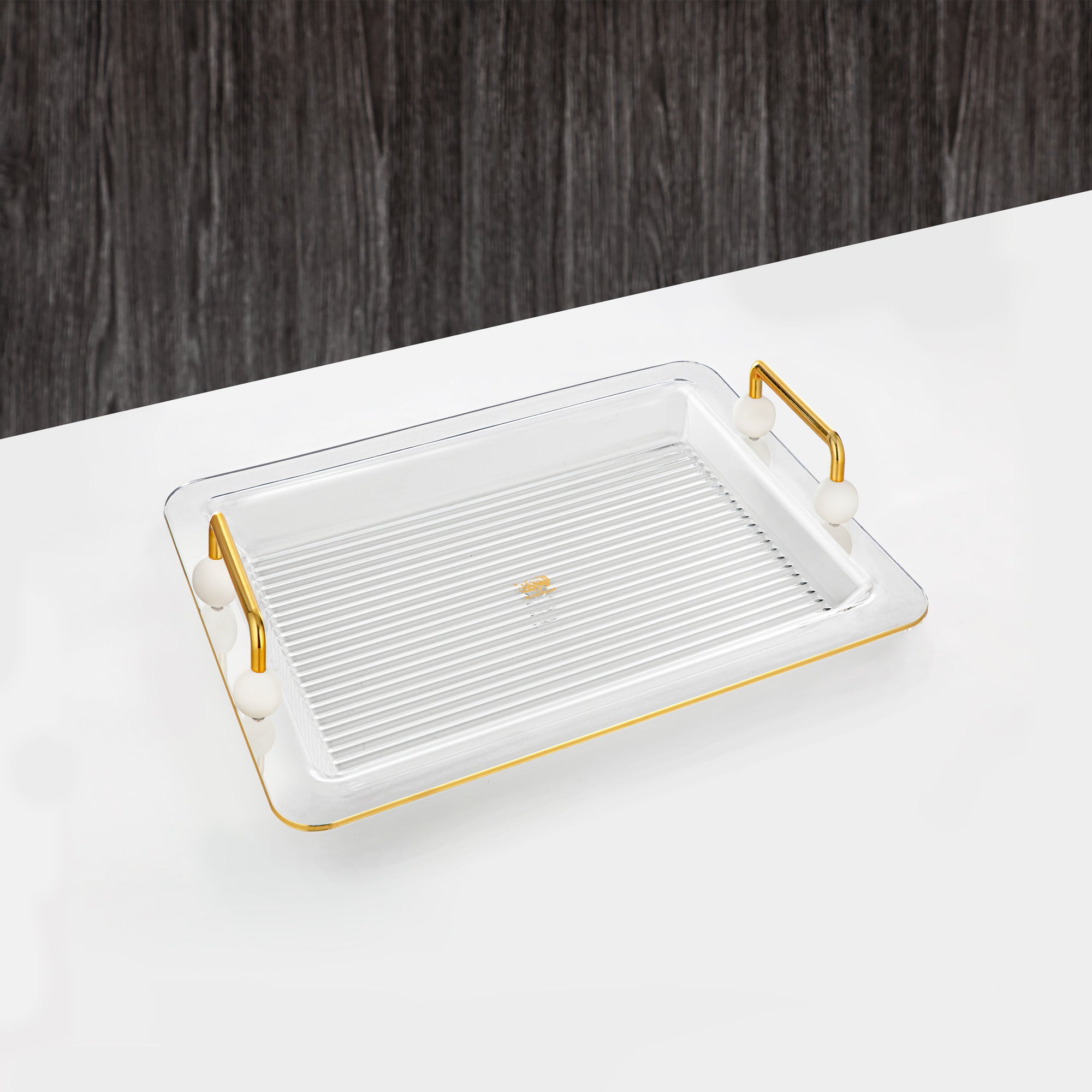 Almarjan Serving Tray 45CM, Acrylic, Gold & Pearl White Handle (FB03-450 PW/G) Ramadan Serveware