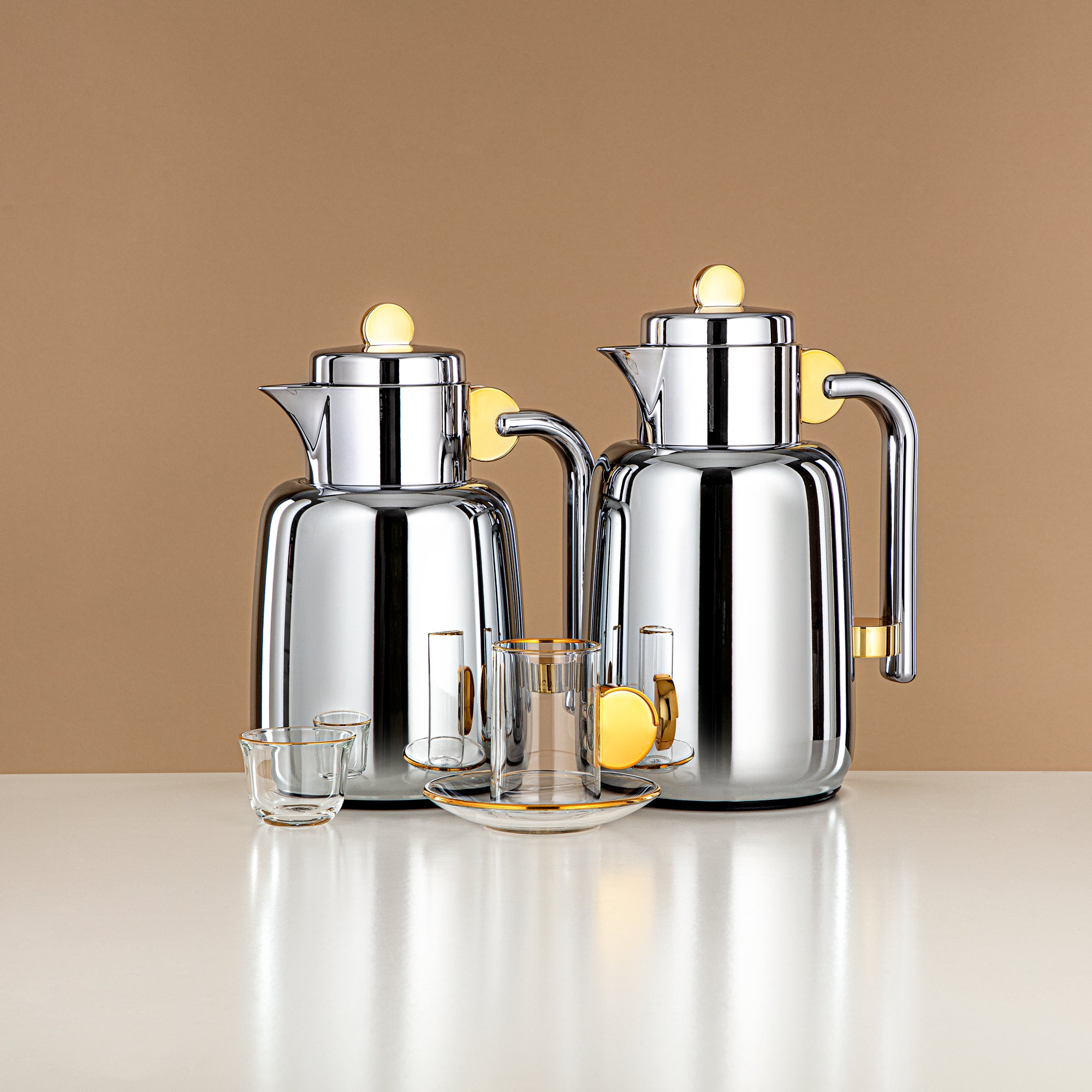 Almarjan Vacuum Flask Set 21 Pieces - 0.7L + 1.0L, Silver & Gold (FB808-21 G/C) - Elegant Serveware for Gatherings