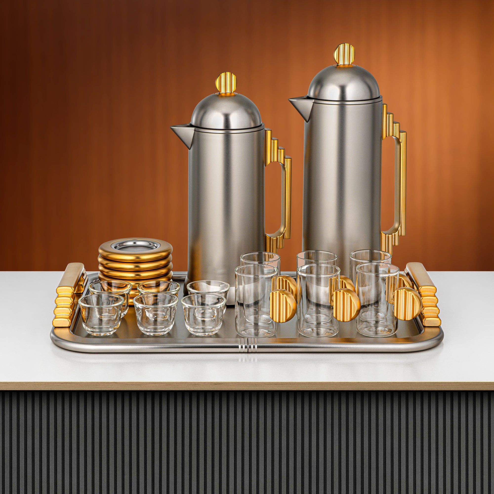 Almarjan Tea & Coffee Set 21 Pieces Matte Nickel & Gold