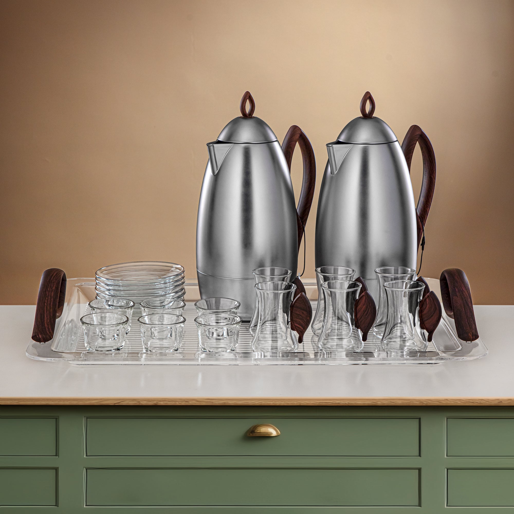 Almarjan Vacuum Flask Set 21-Piece Set matt nickel & dark wood (FG212-21 MNI/DW)